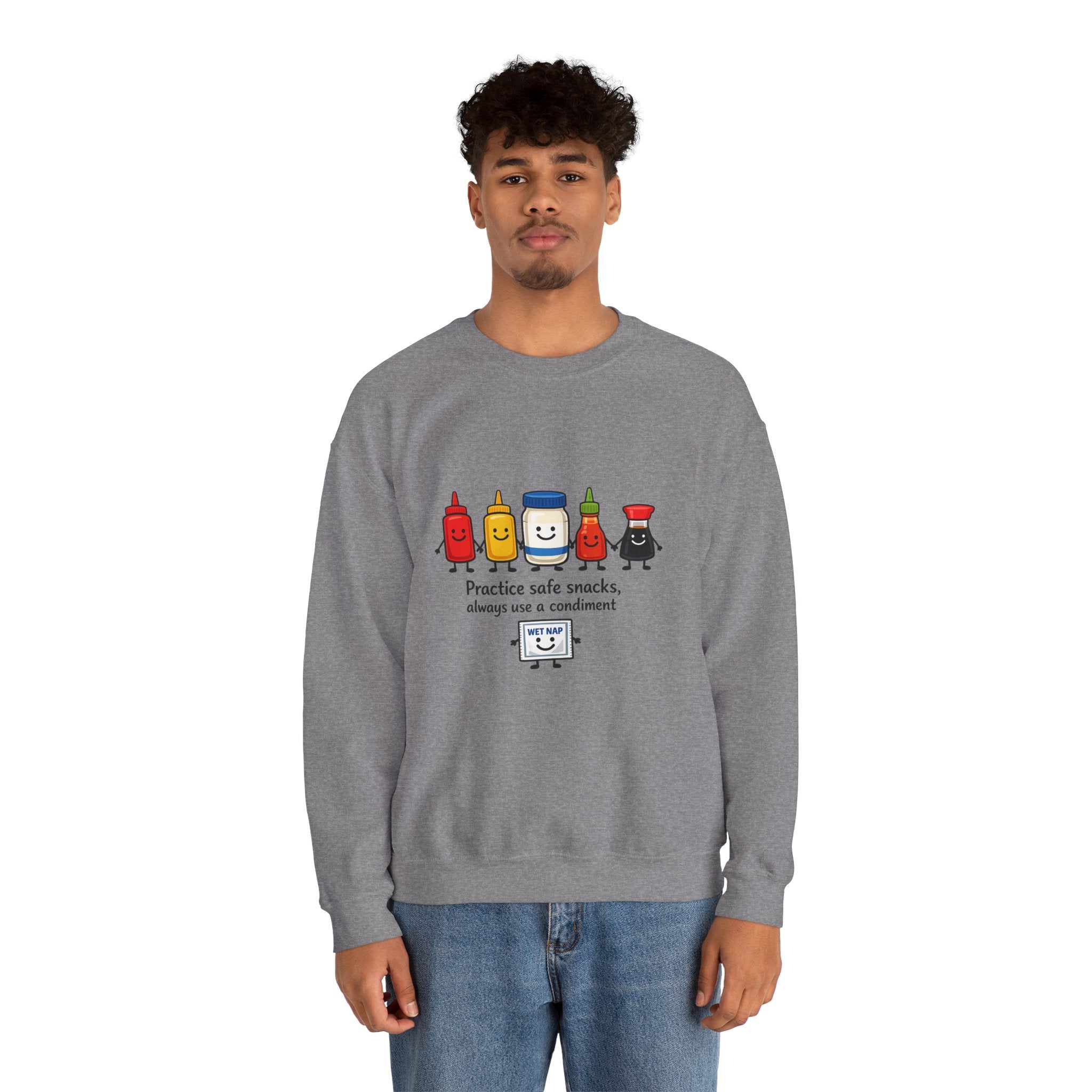 Condiment Cartoon 'Practice Safe Snacks' Sweatshirt | Ketchup Mustard Mayo Funny Food Design