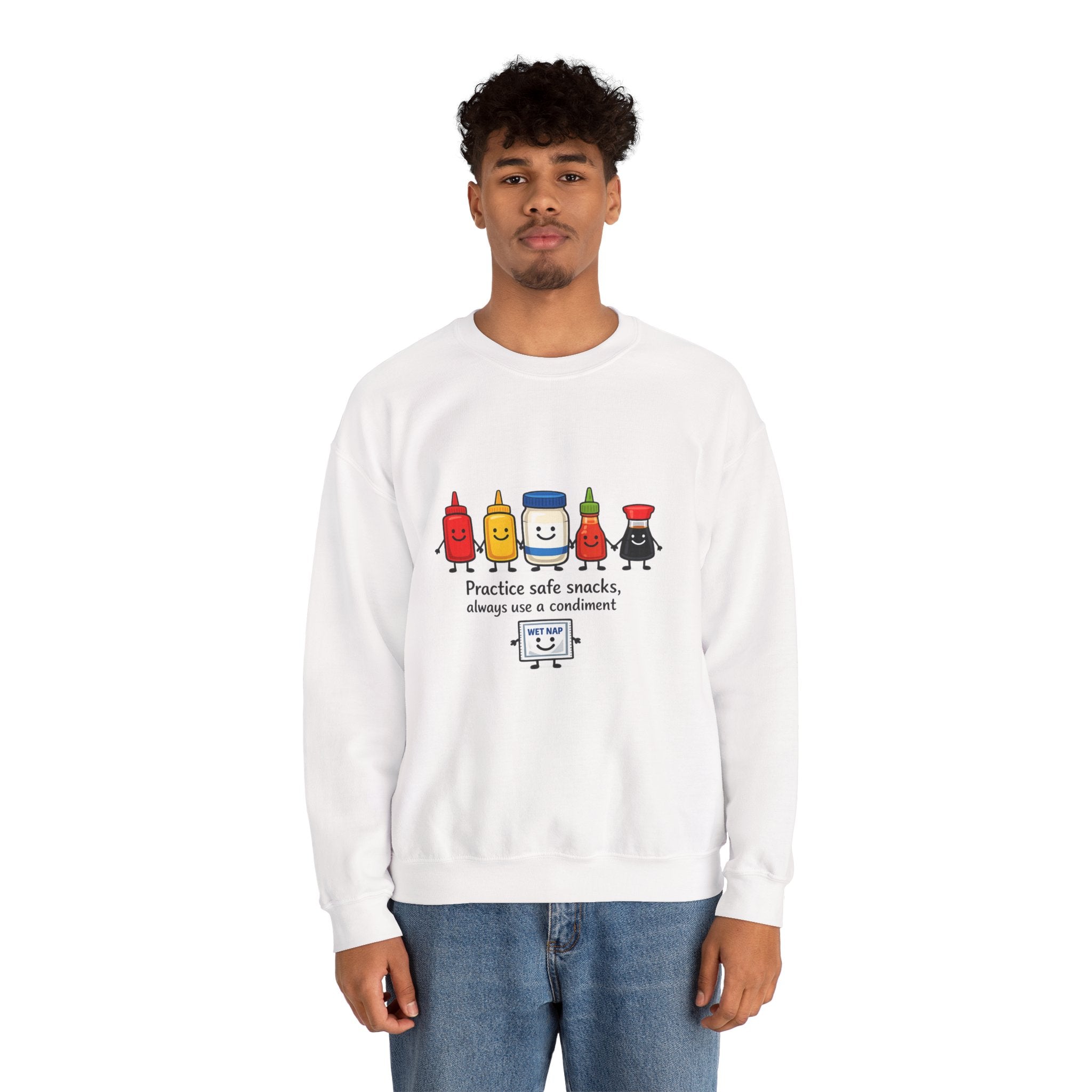 Condiment Cartoon 'Practice Safe Snacks' Sweatshirt | Ketchup Mustard Mayo Funny Food Design
