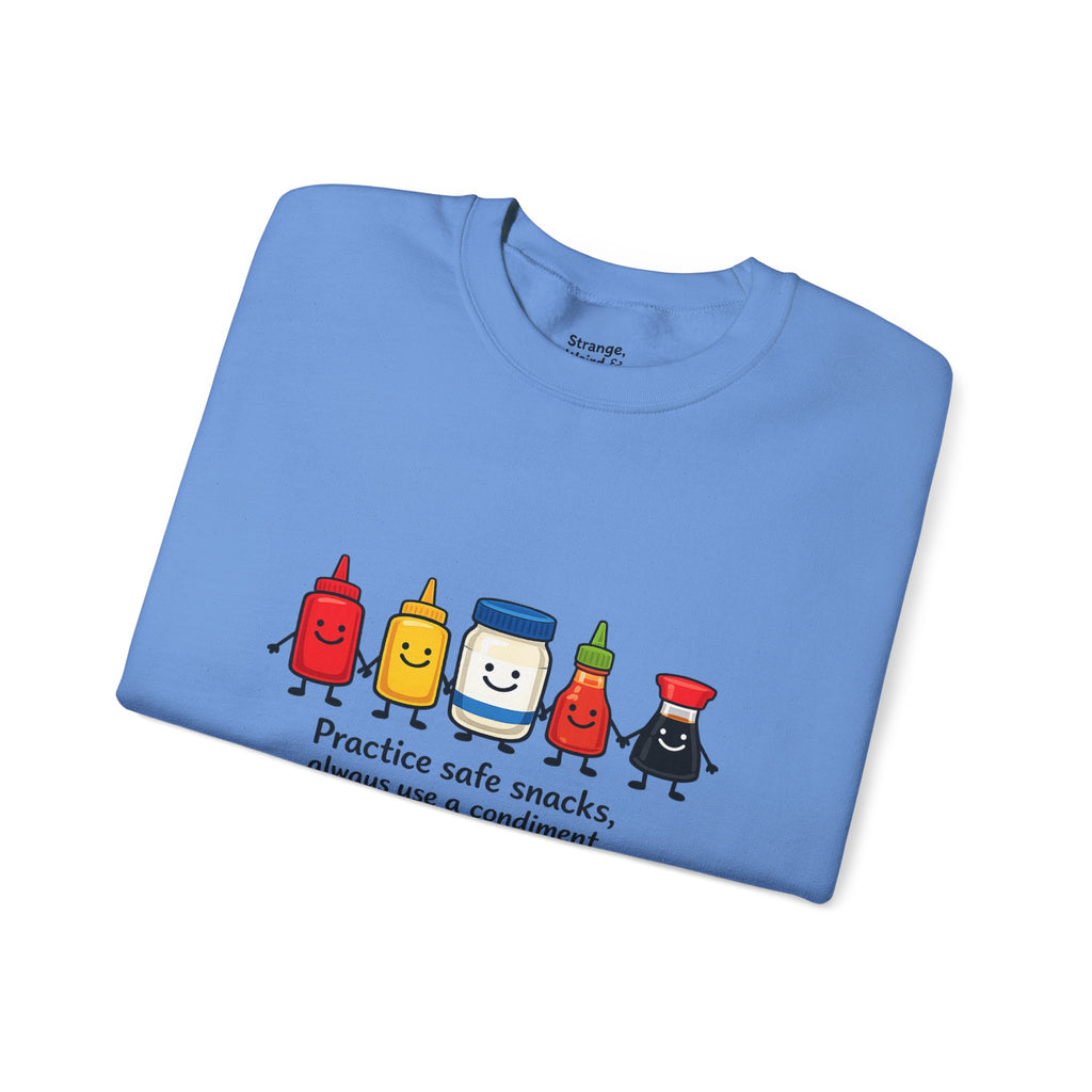 Condiment Cartoon 'Practice Safe Snacks' Sweatshirt | Ketchup Mustard Mayo Funny Food Design
