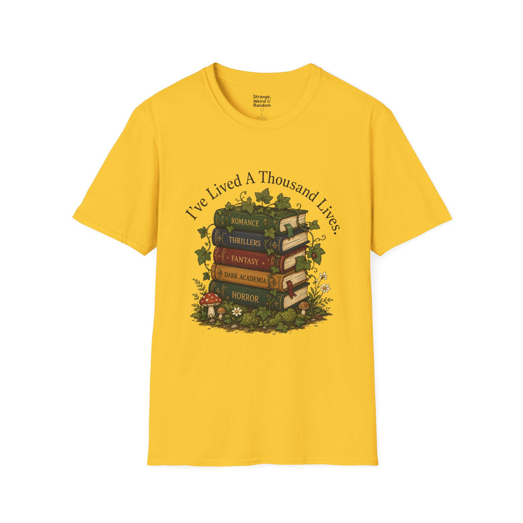 Book Lover T-Shirt — "I've Lived A Thousand Lives" Vintage Stack of Books Design