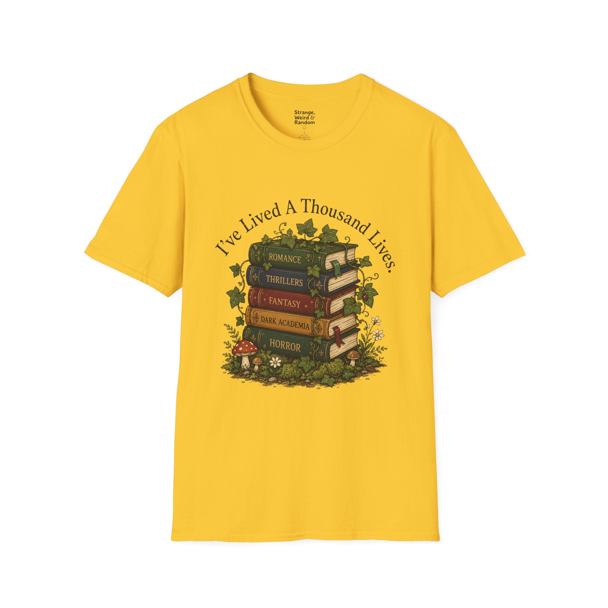 Book Lover T-Shirt — "I've Lived A Thousand Lives" Vintage Stack of Books Design