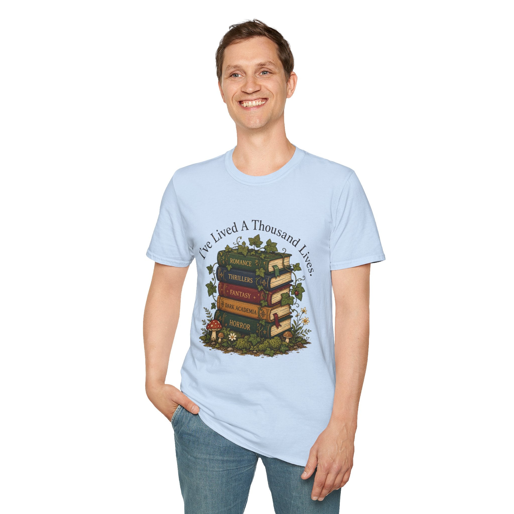 Book Lover T-Shirt — "I've Lived A Thousand Lives" Vintage Stack of Books Design