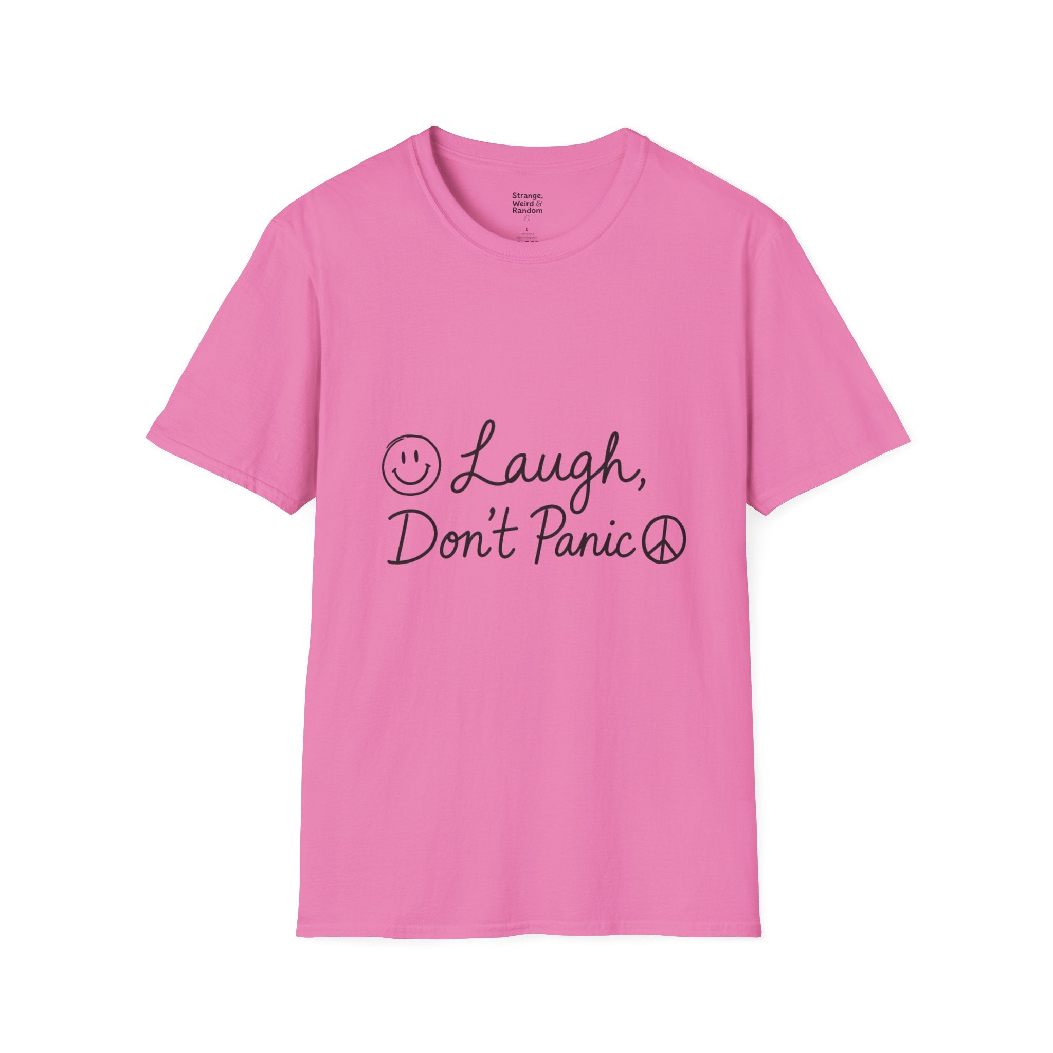Laugh Don't Panic T-Shirt | Smiley Peace Sign Typography