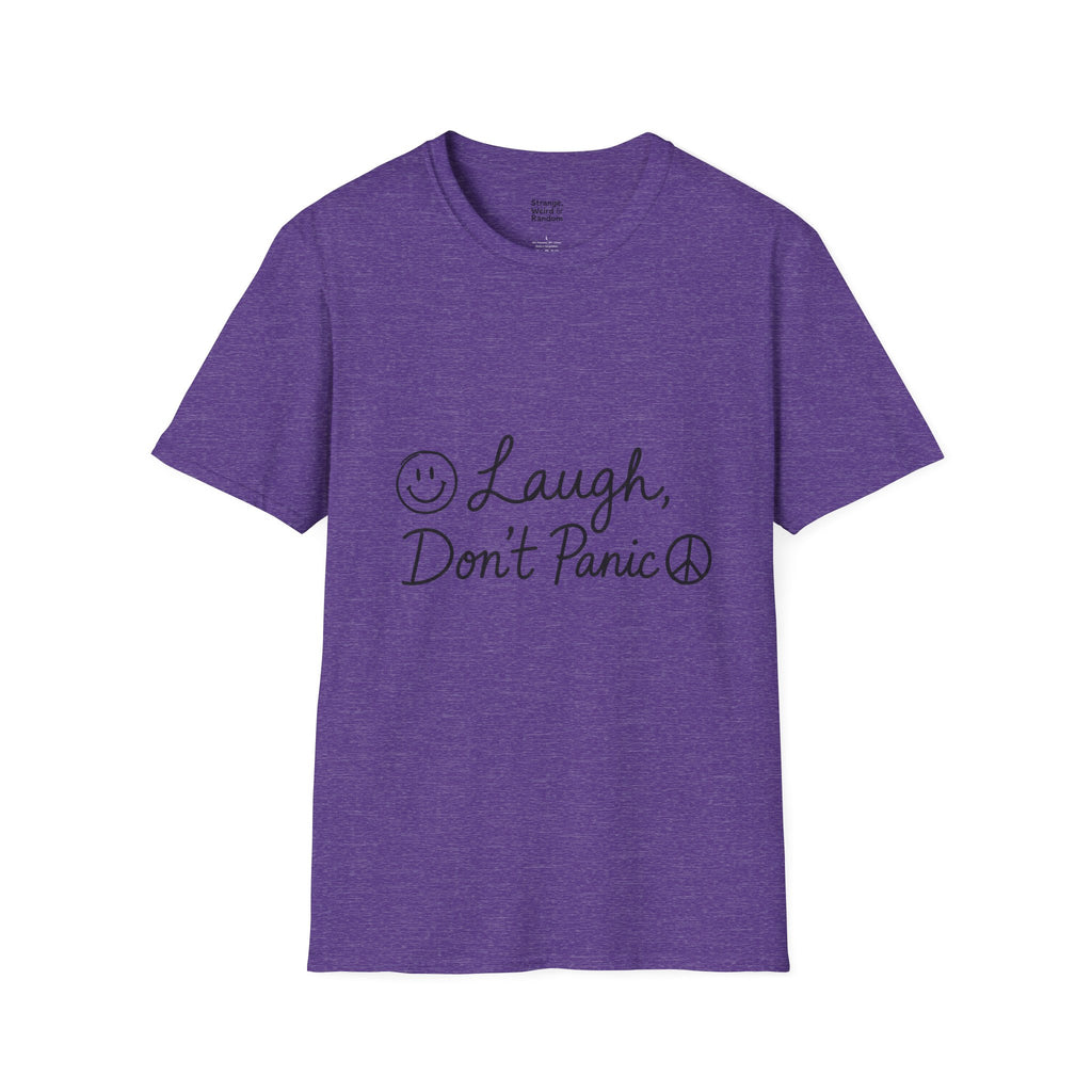Laugh Don't Panic T-Shirt | Smiley Peace Sign Typography