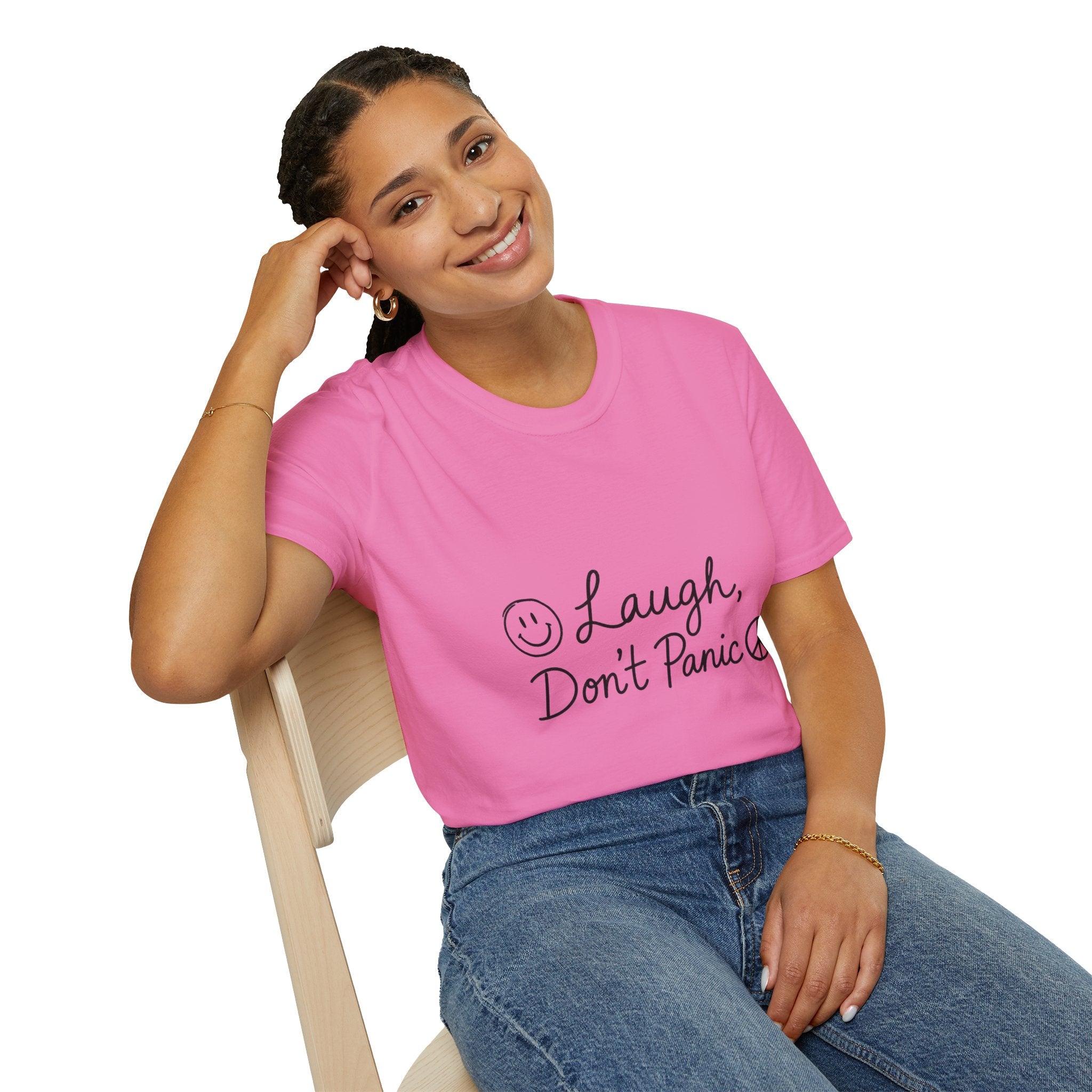 Laugh Don't Panic T-Shirt | Smiley Peace Sign Typography