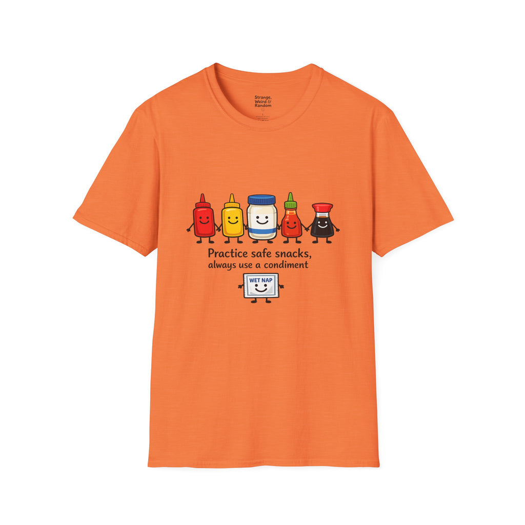 Practice Safe Snacks condiment characters T-Shirt | Ketchup Mustard Peanut Butter Jelly