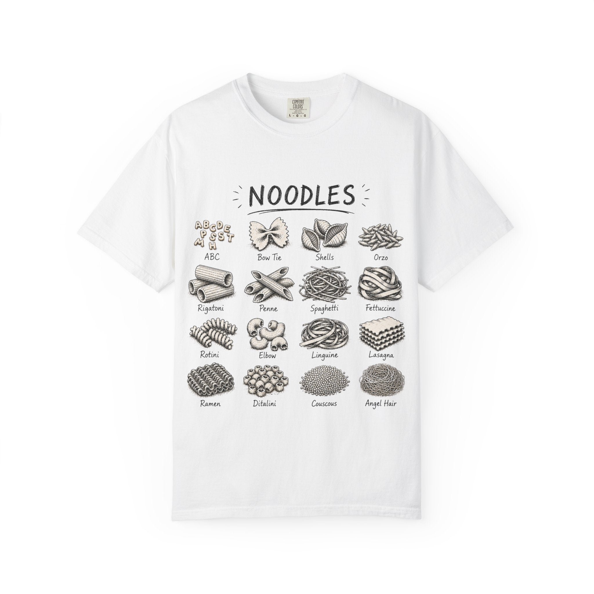 Noodles Chart T-Shirt — Illustrated Pasta Types Tee
