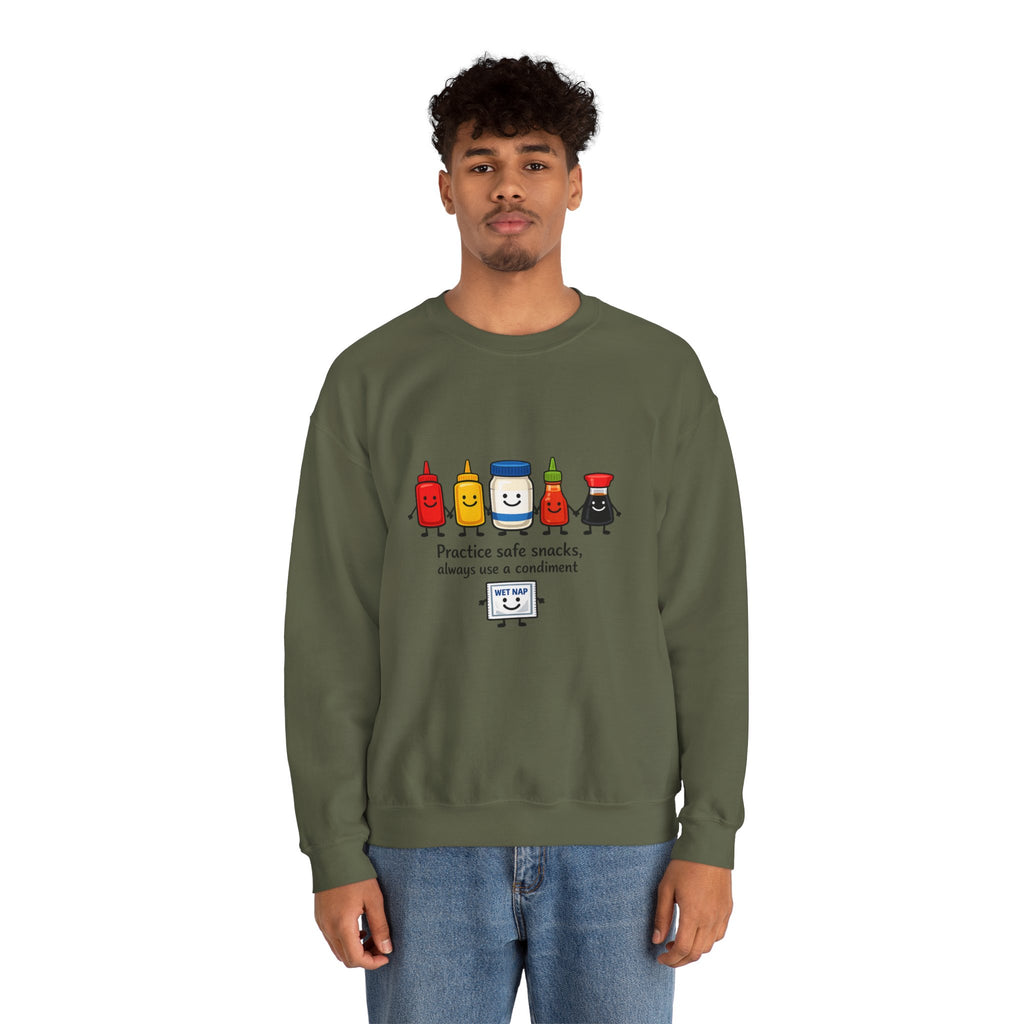 Condiment Cartoon 'Practice Safe Snacks' Sweatshirt | Ketchup Mustard Mayo Funny Food Design