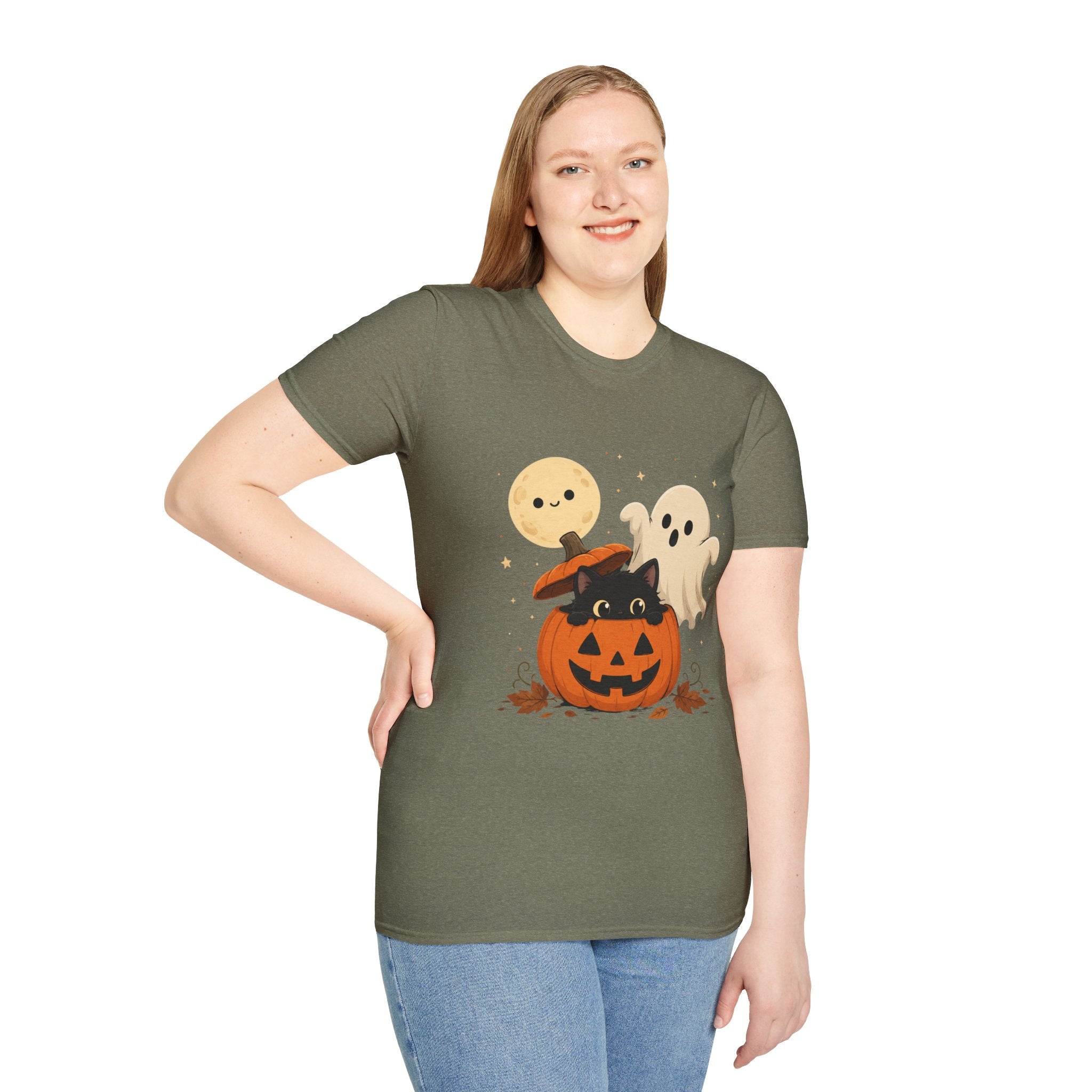Cute Halloween Pumpkin Tee — Ghost, Moon & Black Cat Graphic T-Shirt