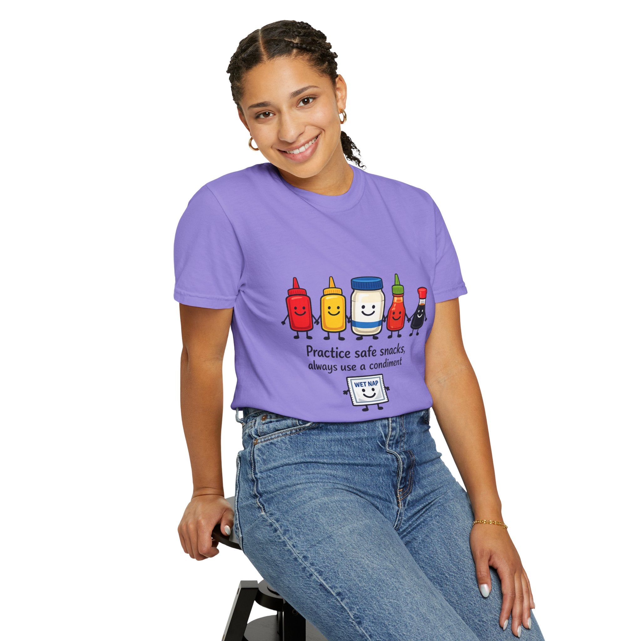 Condom Cartoon T-Shirt — "Practice Safe Snacks" Funny Safe Sex Graphic Tee