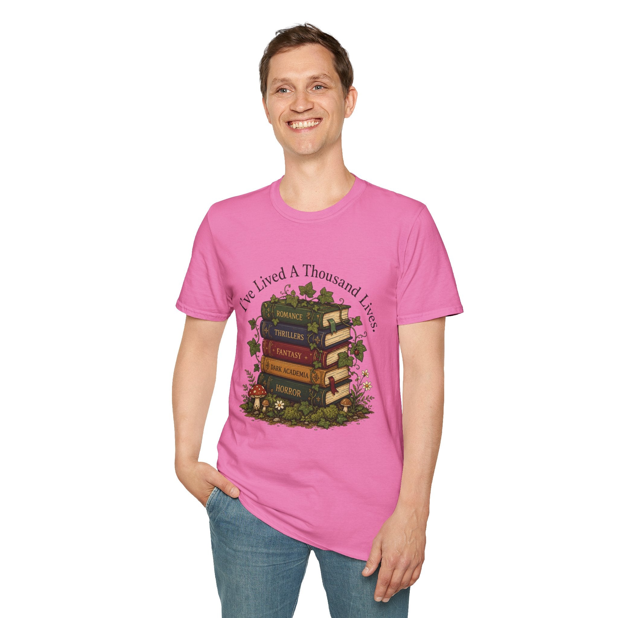 Book Lover T-Shirt — "I've Lived A Thousand Lives" Vintage Stack of Books Design