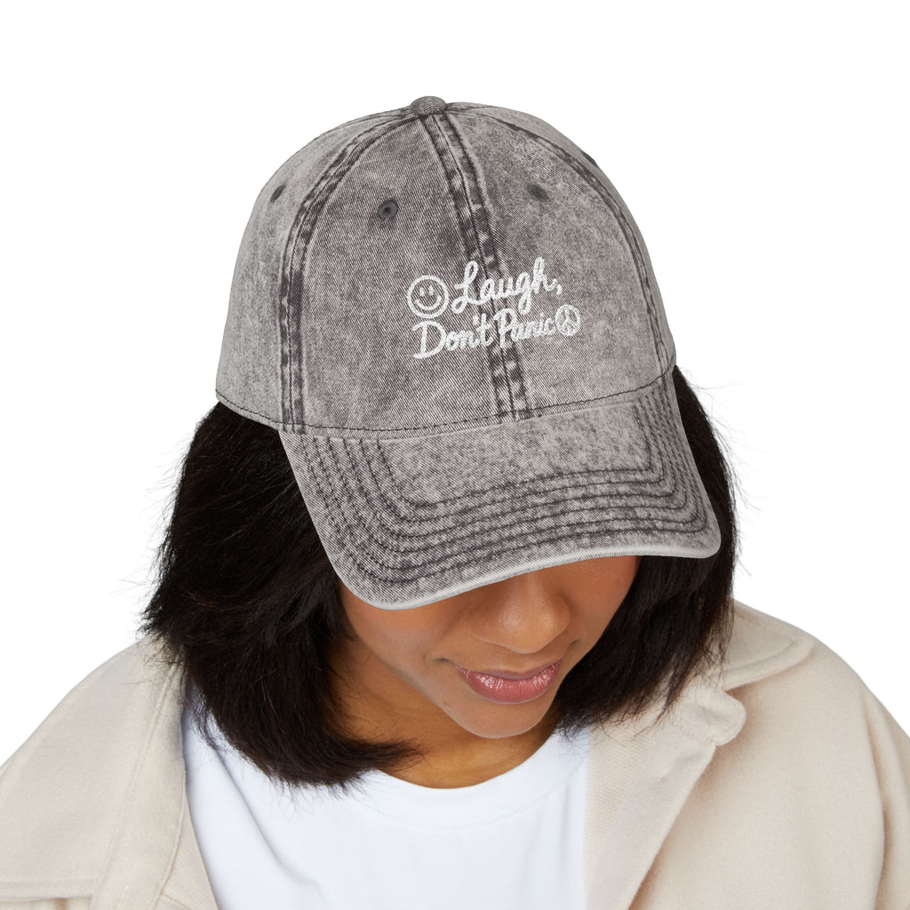 Vintage Red Embroidered Cap – “Laugh Don’t Panic” Smiley Dad Hat