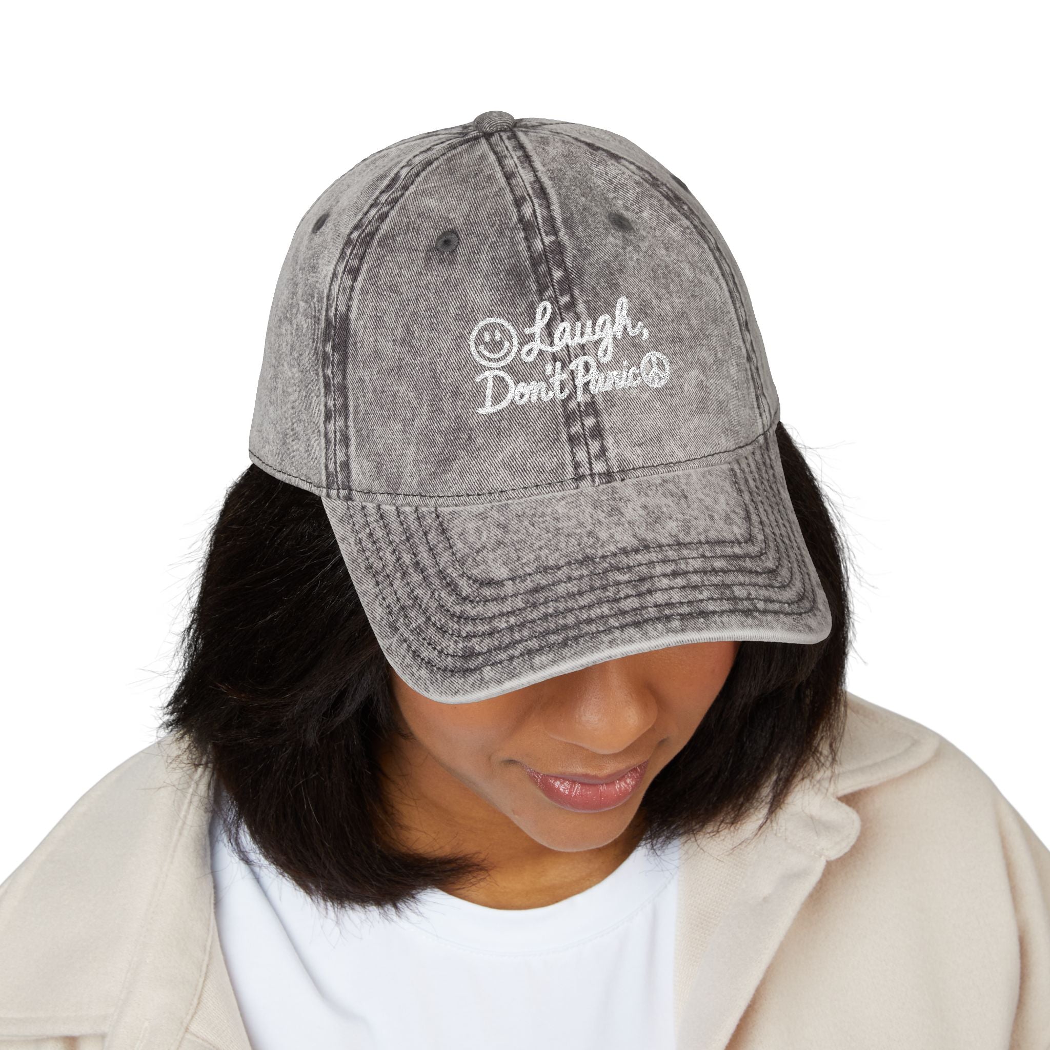 Vintage Red Embroidered Cap – “Laugh Don’t Panic” Smiley Dad Hat