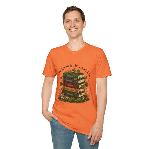Book Lover T-Shirt — "I've Lived A Thousand Lives" Vintage Stack of Books Design