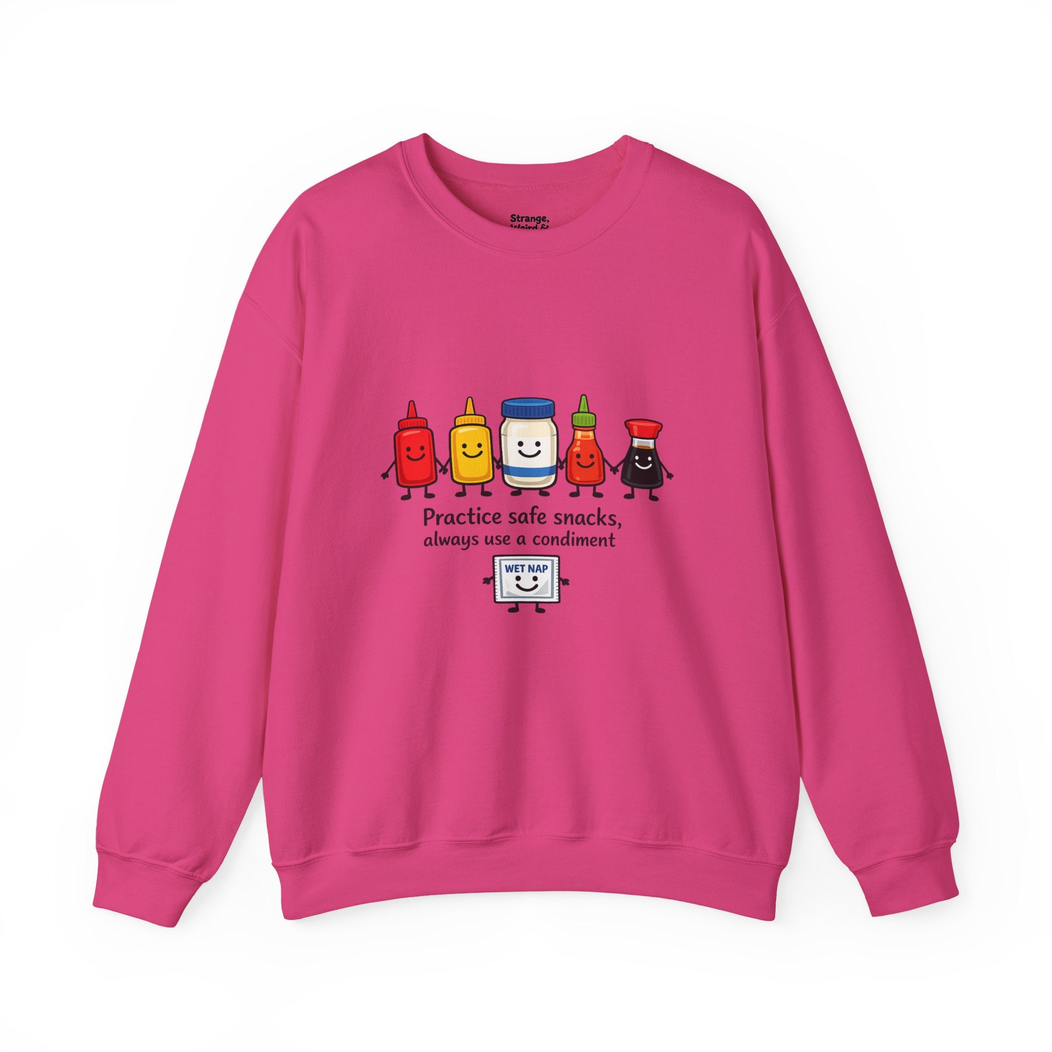 Condiment Cartoon 'Practice Safe Snacks' Sweatshirt | Ketchup Mustard Mayo Funny Food Design