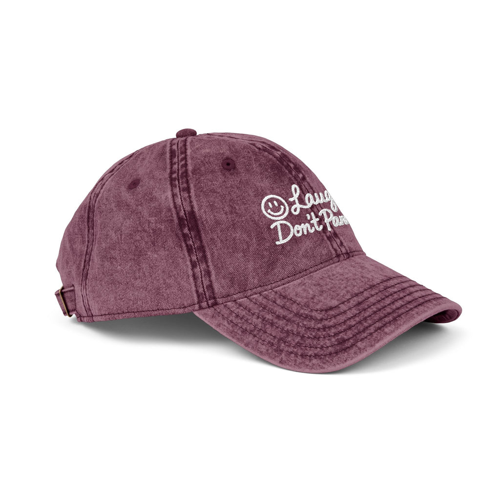 Vintage Red Embroidered Cap – “Laugh Don’t Panic” Smiley Dad Hat