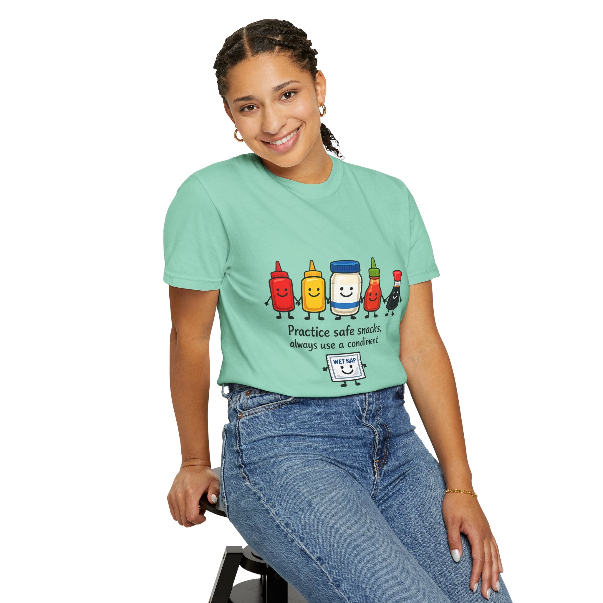 Condom Cartoon T-Shirt — "Practice Safe Snacks" Funny Safe Sex Graphic Tee