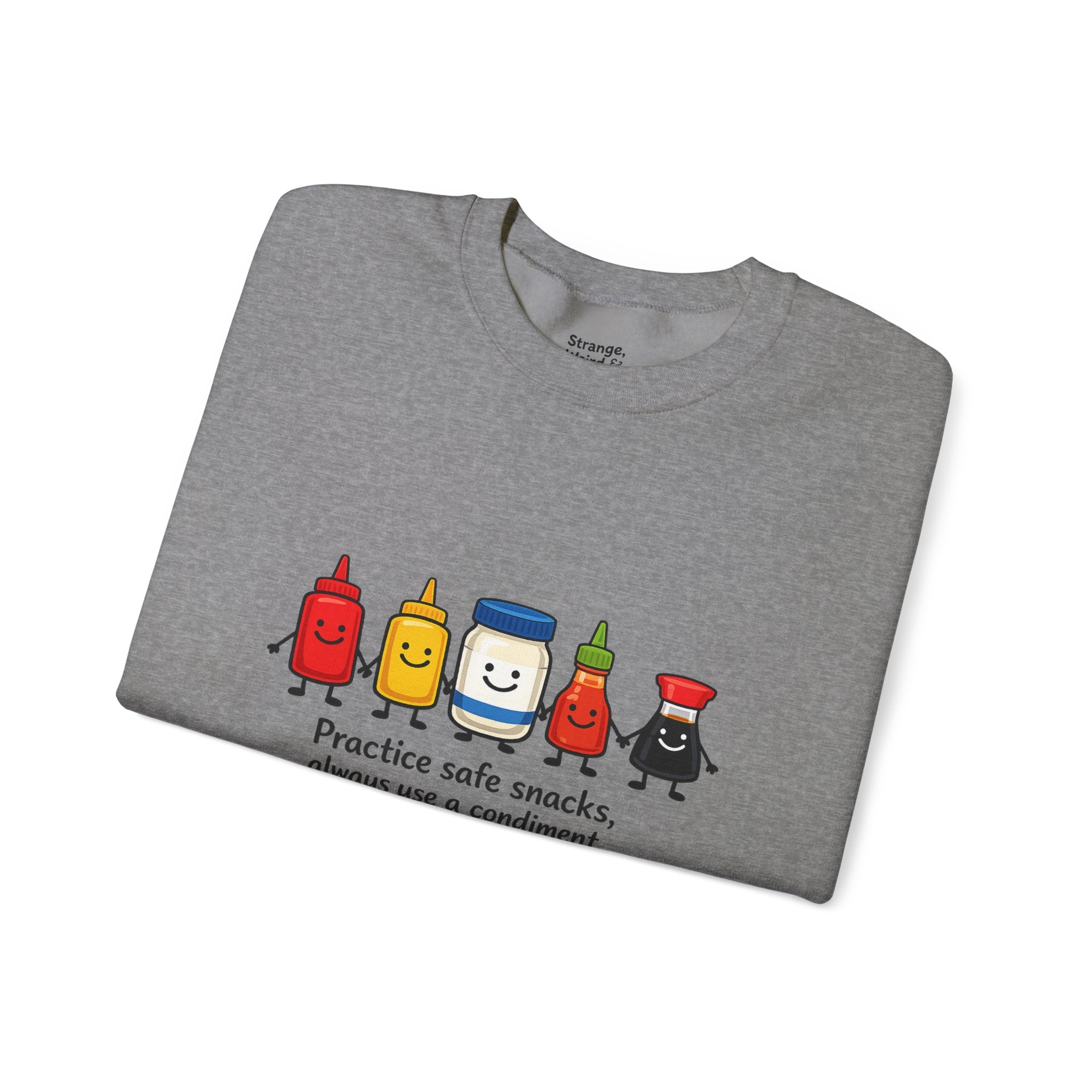 Condiment Cartoon 'Practice Safe Snacks' Sweatshirt | Ketchup Mustard Mayo Funny Food Design