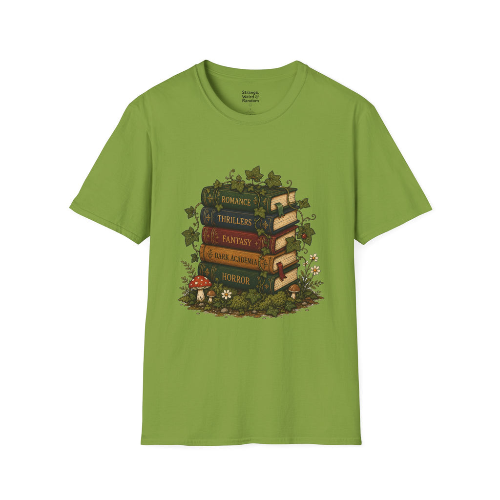 Book Lover T-Shirt — Vintage Stacked Books Design (Romance, Thrillers, Fantasy)