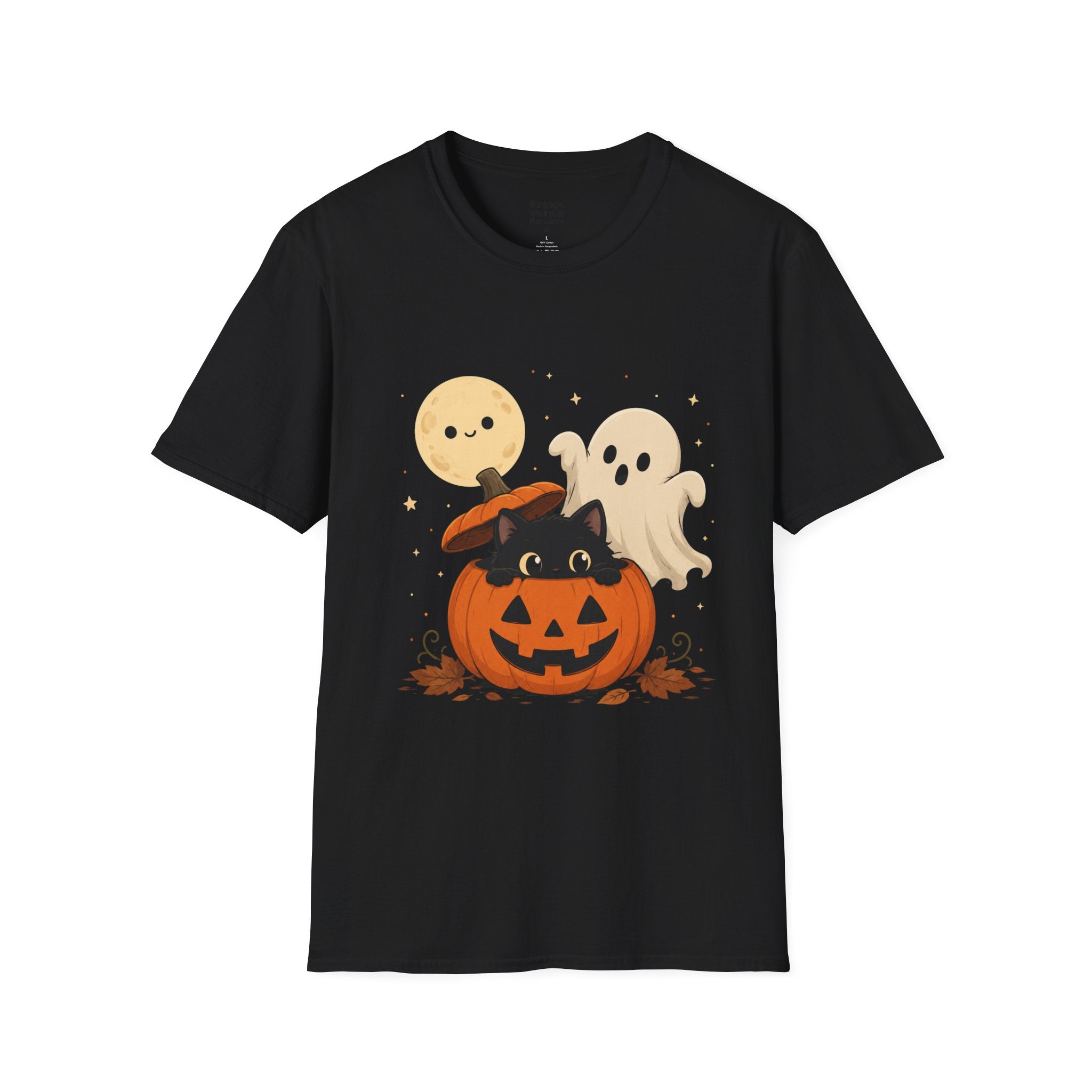 Cute Halloween Pumpkin Tee — Ghost, Moon & Black Cat Graphic T-Shirt