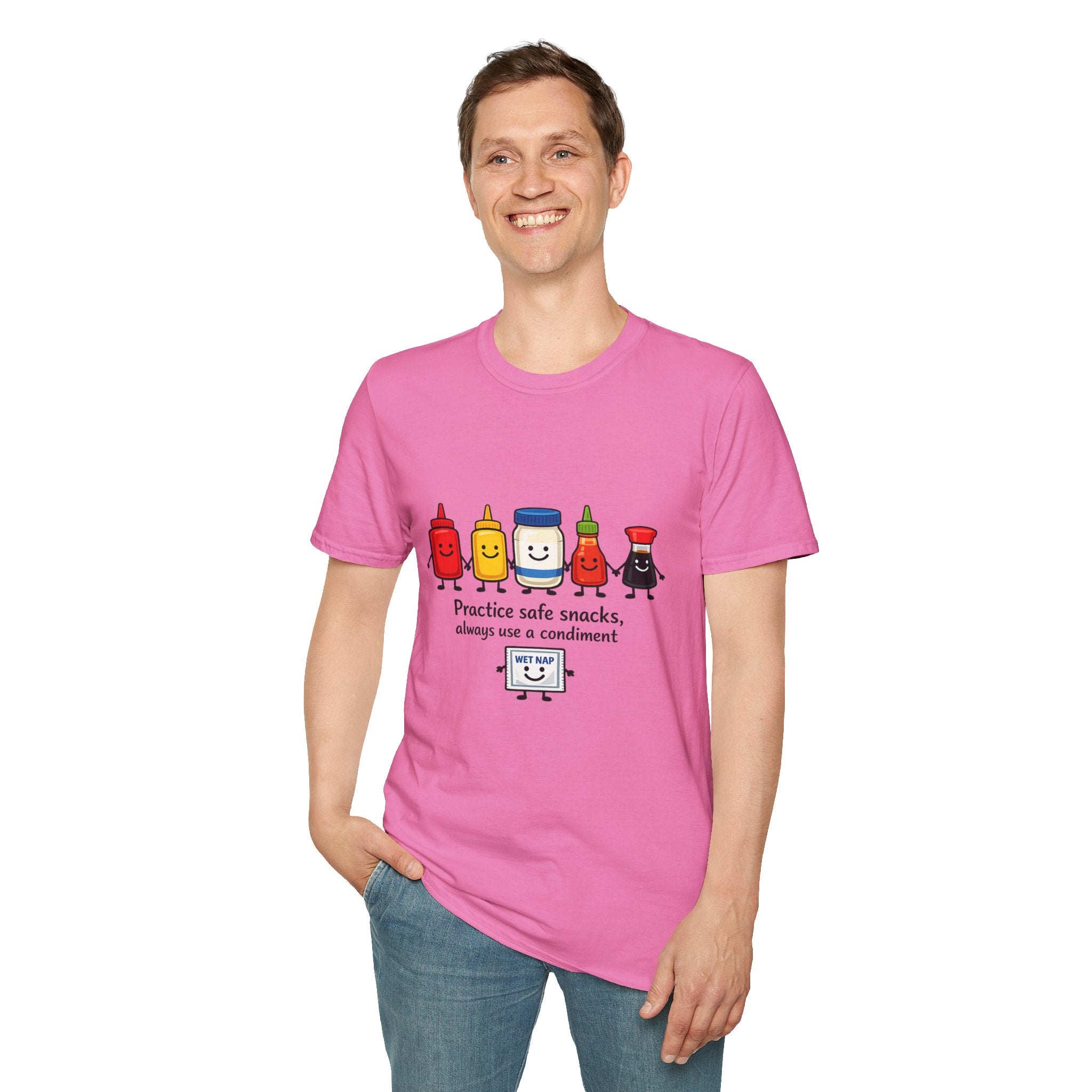 Practice Safe Snacks condiment characters T-Shirt | Ketchup Mustard Peanut Butter Jelly