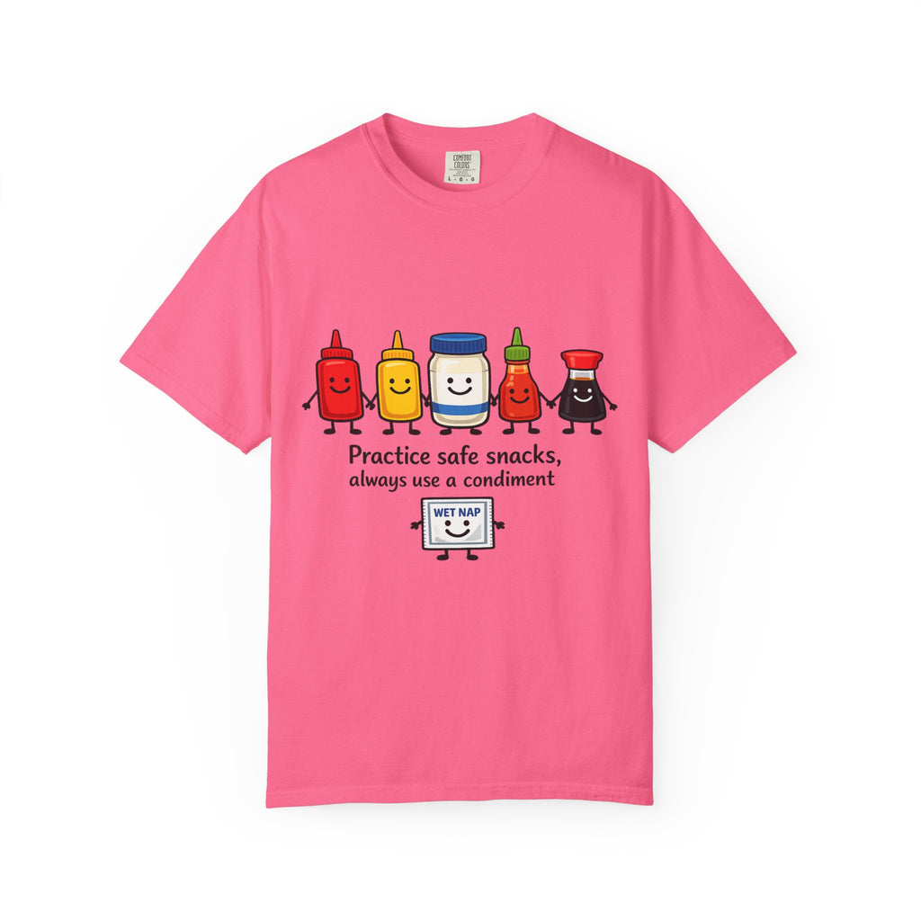 Condom Cartoon T-Shirt — "Practice Safe Snacks" Funny Safe Sex Graphic Tee