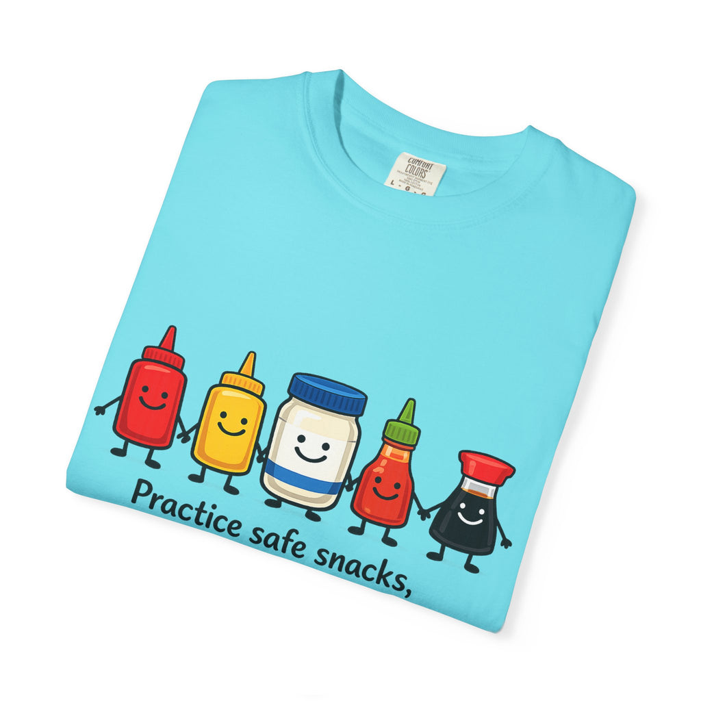 Condom Cartoon T-Shirt — "Practice Safe Snacks" Funny Safe Sex Graphic Tee