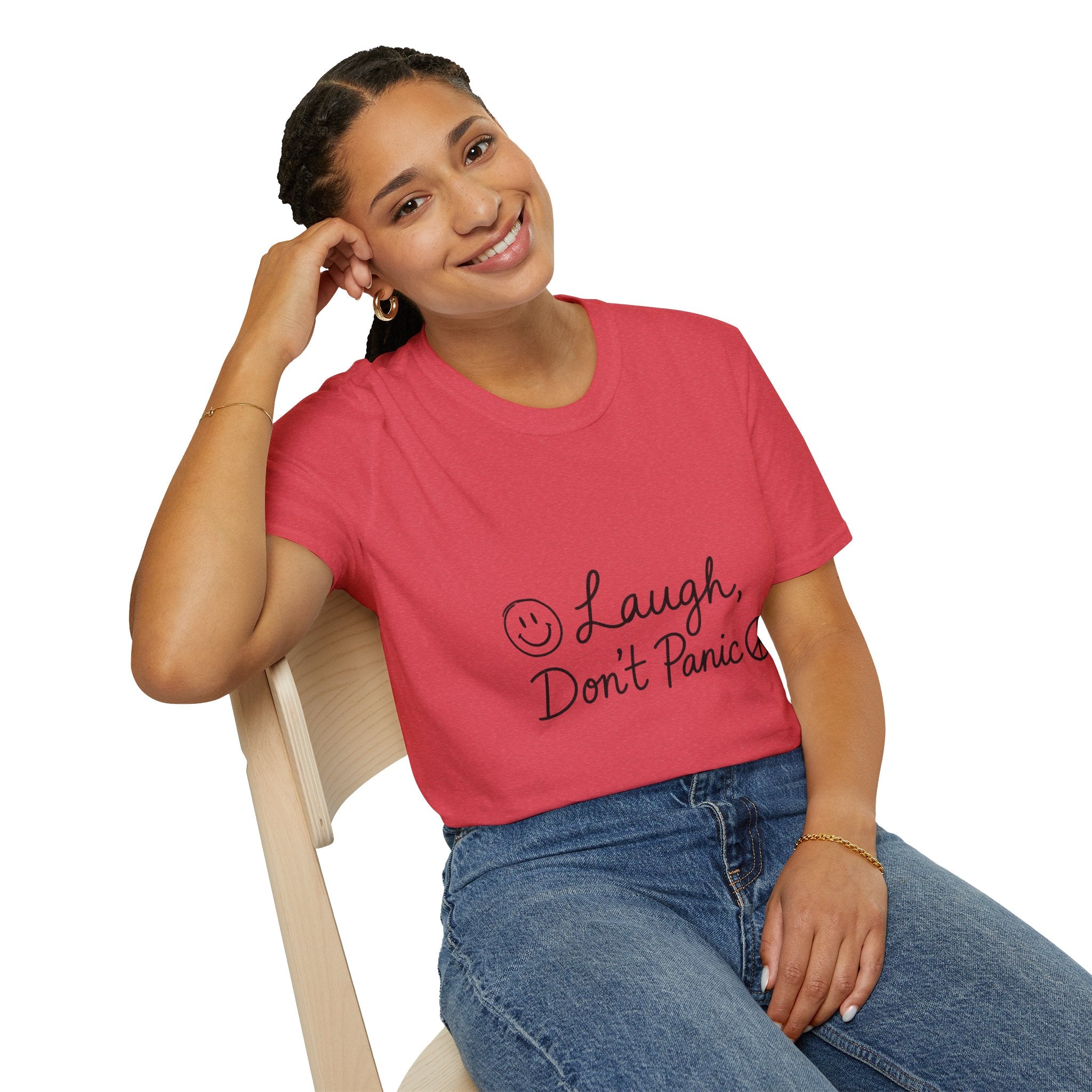 Laugh Don't Panic T-Shirt | Smiley Peace Sign Typography