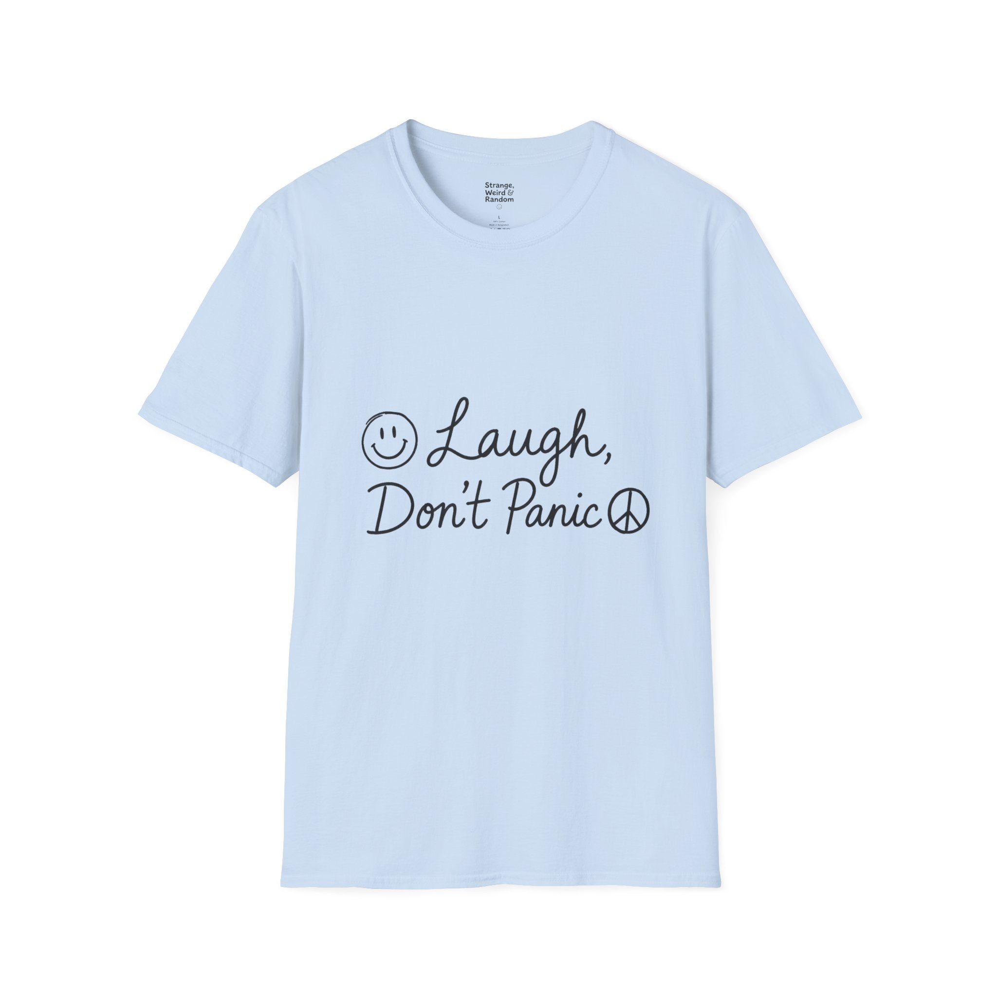 Laugh Don't Panic T-Shirt | Smiley Peace Sign Typography