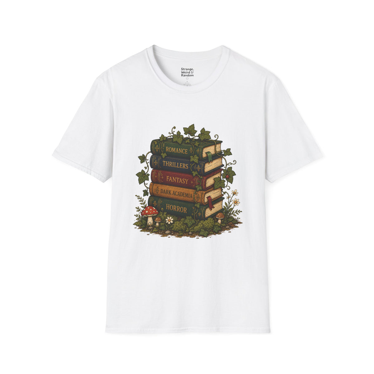 Book Lover T-Shirt — Vintage Stacked Books Design (Romance, Thrillers, Fantasy)