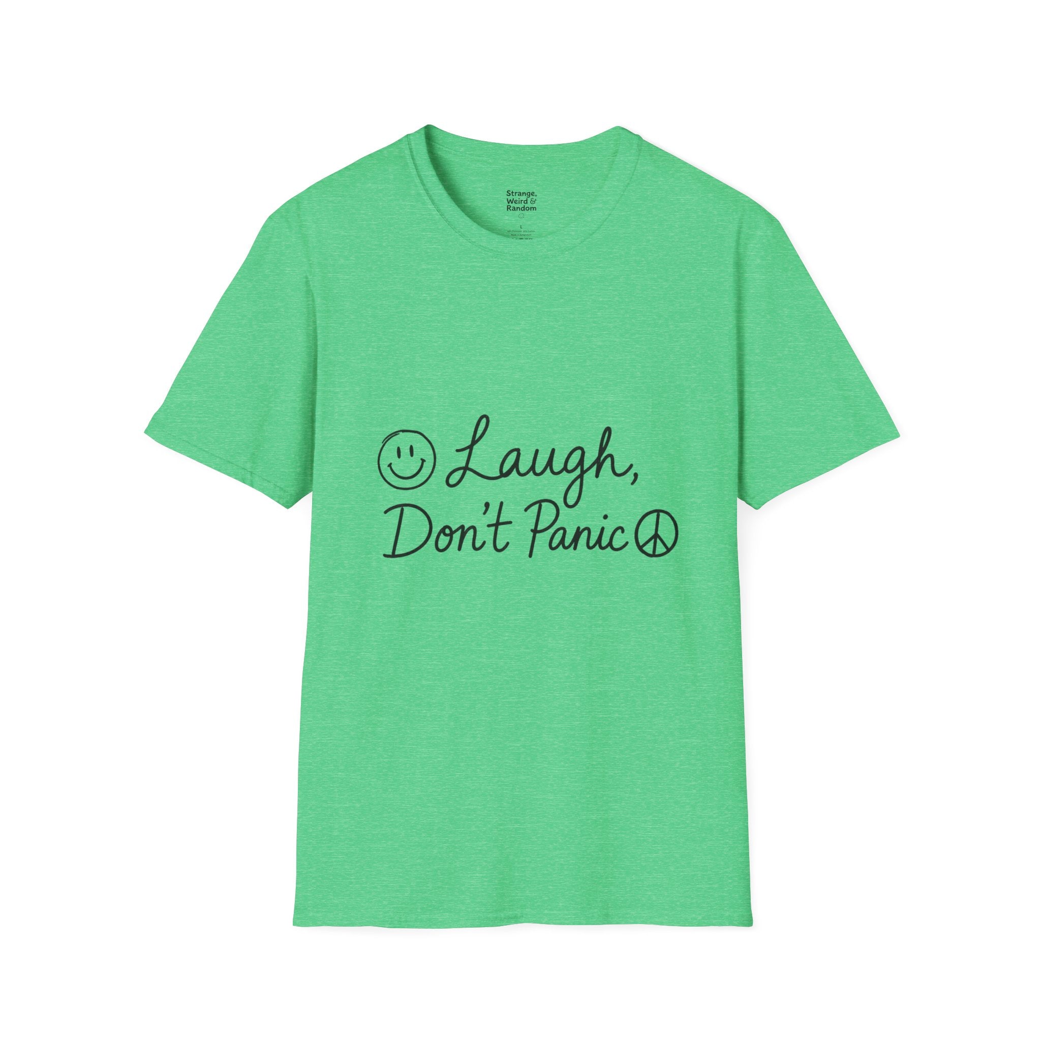 Laugh Don't Panic T-Shirt | Smiley Peace Sign Typography
