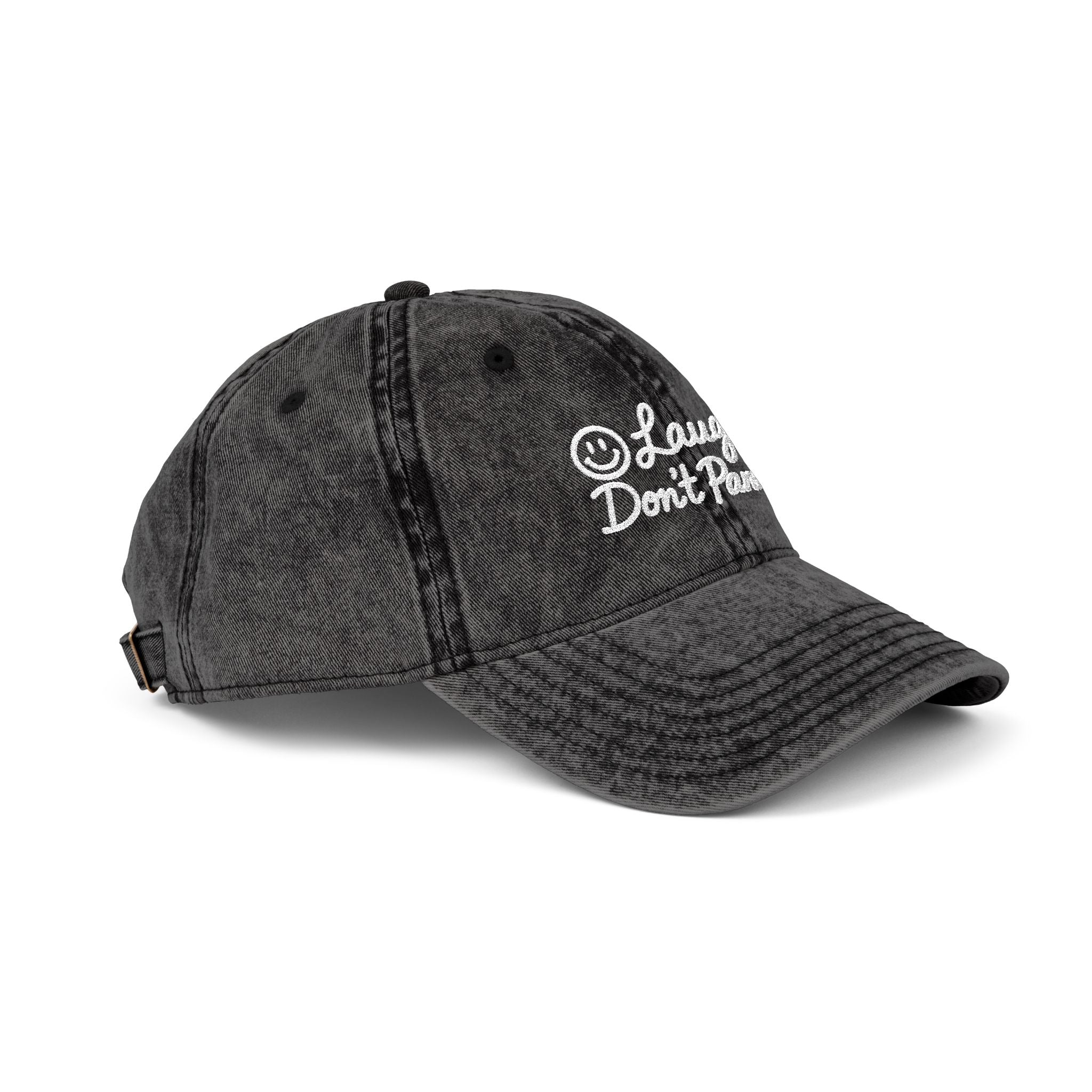 Vintage Red Embroidered Cap – “Laugh Don’t Panic” Smiley Dad Hat