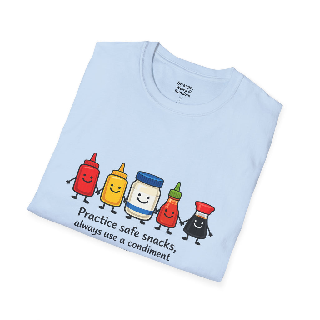Practice Safe Snacks condiment characters T-Shirt | Ketchup Mustard Peanut Butter Jelly