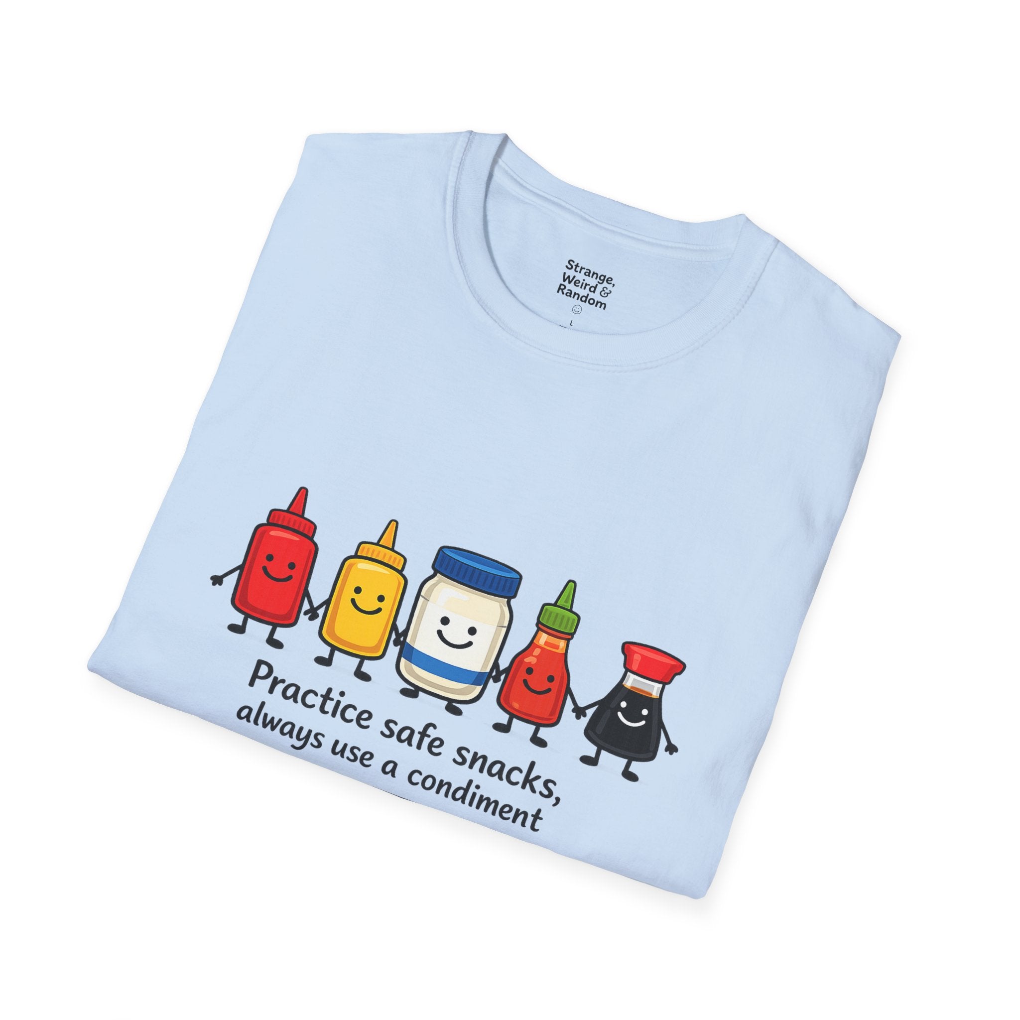 Practice Safe Snacks condiment characters T-Shirt | Ketchup Mustard Peanut Butter Jelly