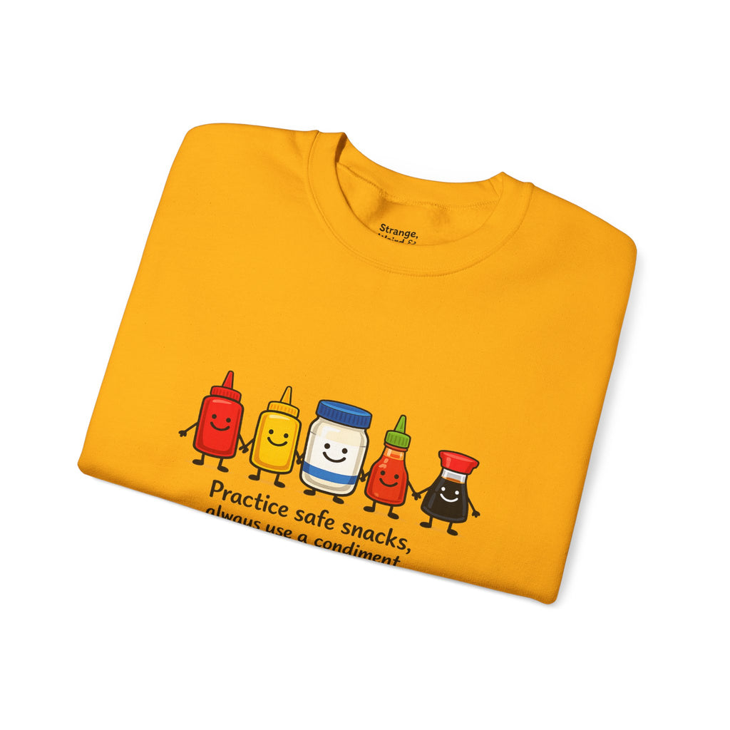 Condiment Cartoon 'Practice Safe Snacks' Sweatshirt | Ketchup Mustard Mayo Funny Food Design