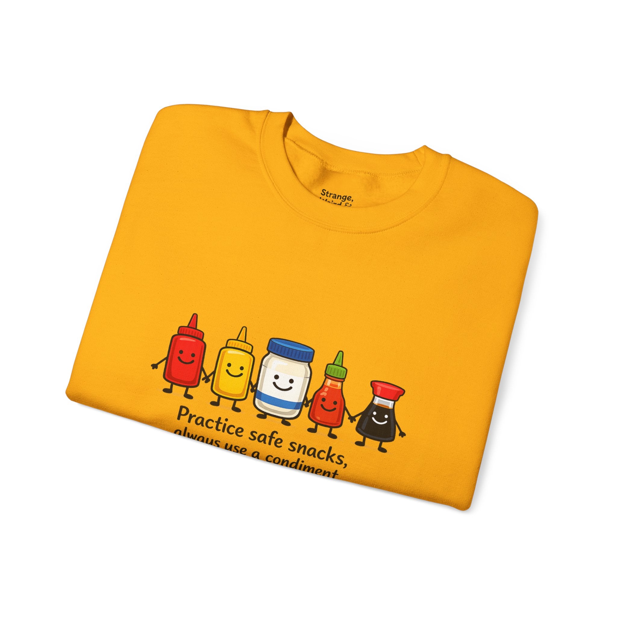 Condiment Cartoon 'Practice Safe Snacks' Sweatshirt | Ketchup Mustard Mayo Funny Food Design