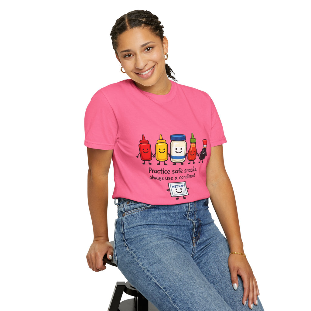 Condom Cartoon T-Shirt — "Practice Safe Snacks" Funny Safe Sex Graphic Tee