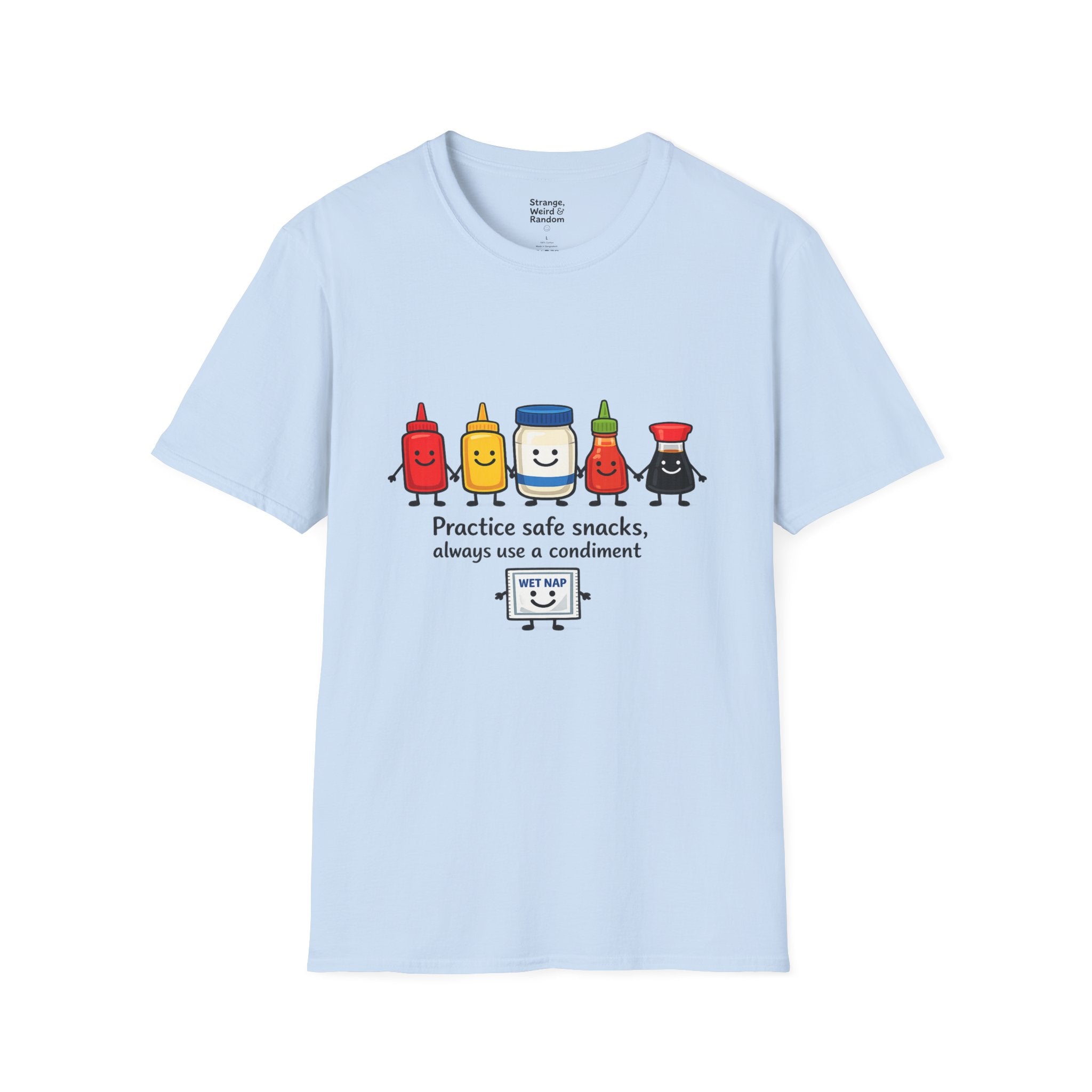 Practice Safe Snacks condiment characters T-Shirt | Ketchup Mustard Peanut Butter Jelly
