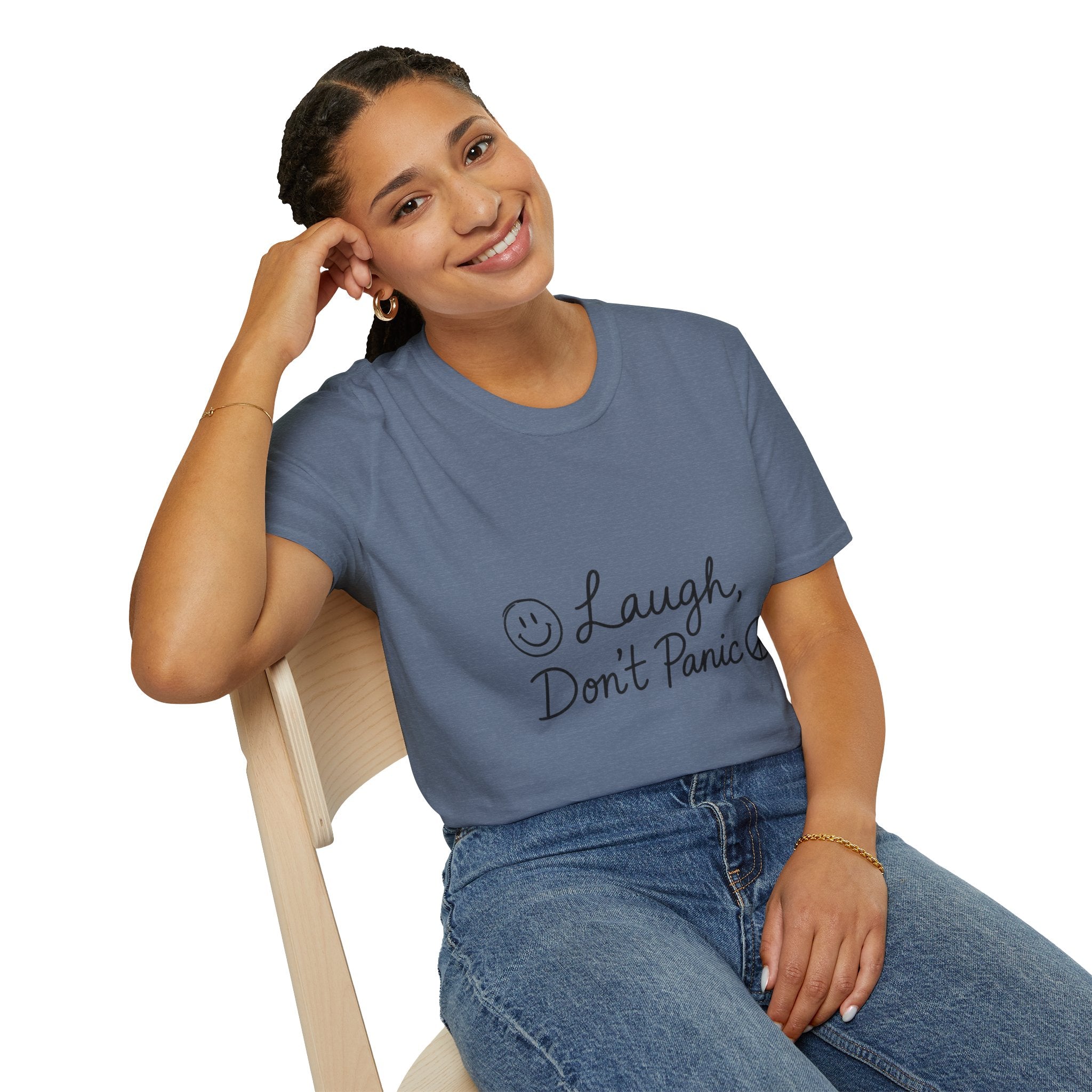 Laugh Don't Panic T-Shirt | Smiley Peace Sign Typography