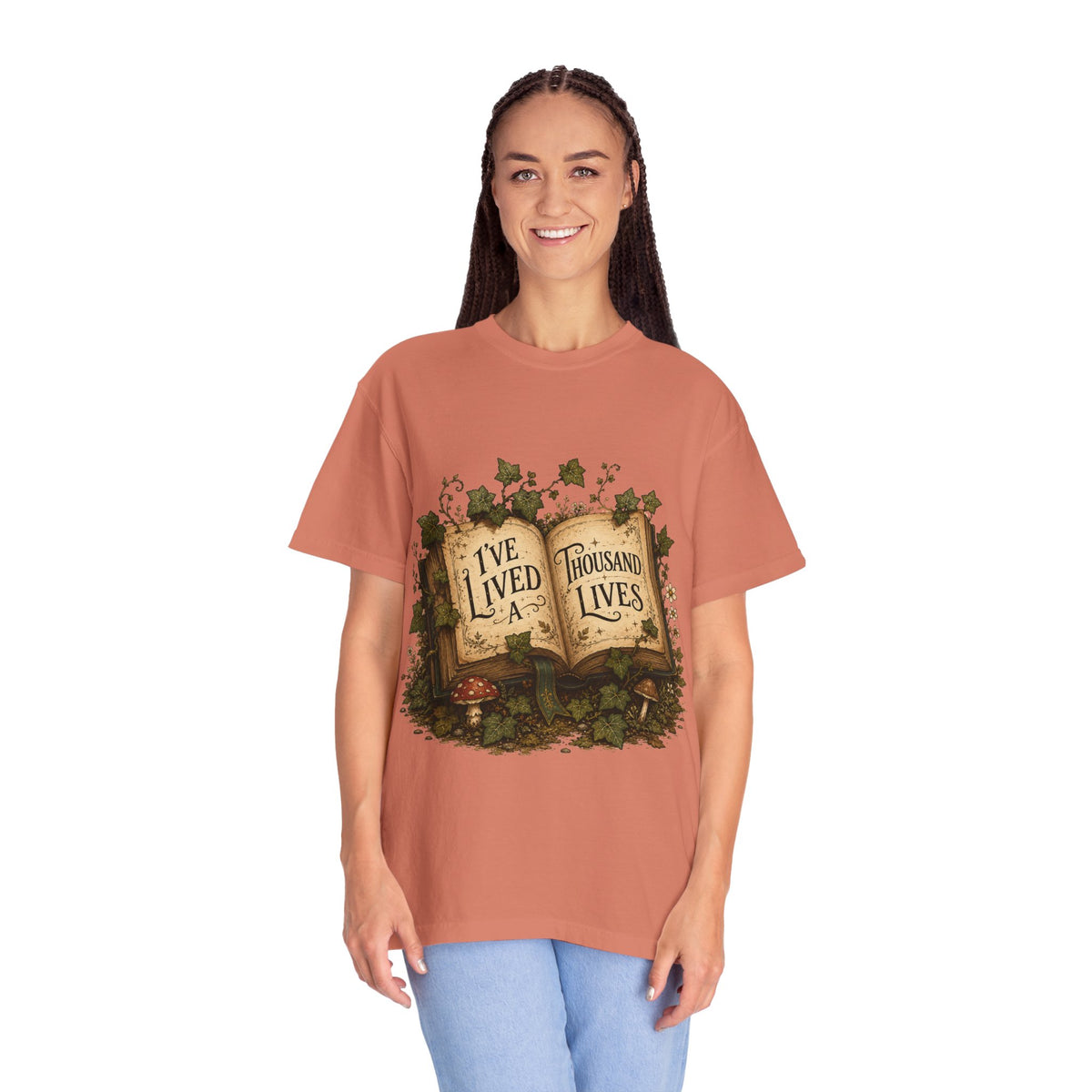 Book Lover T-Shirt — "I've Lived A Thousand Lives" Vintage Open Book Design