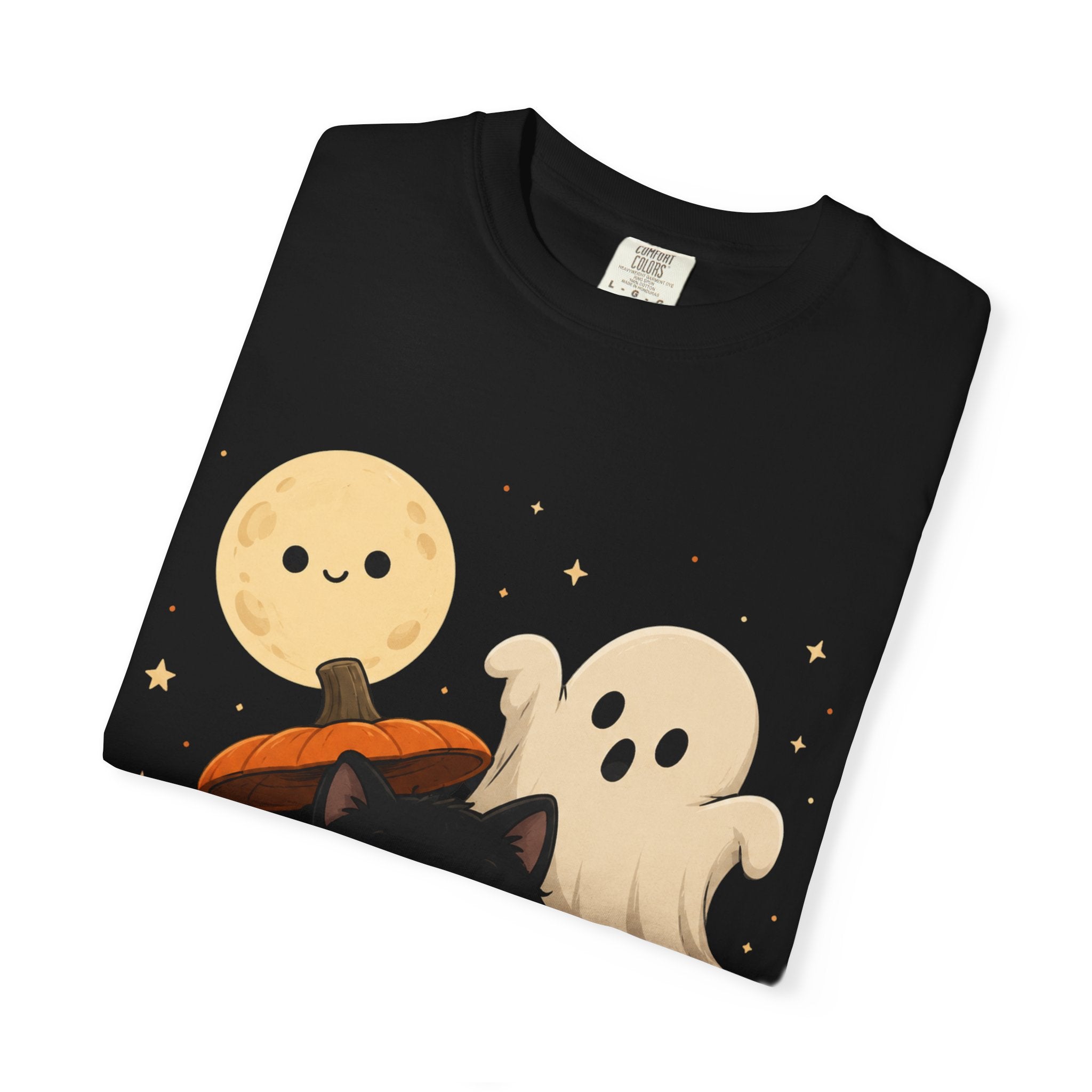Halloween Cute Pumpkin Cat Tee — Kawaii Ghosts & Moon Graphic T-Shirt