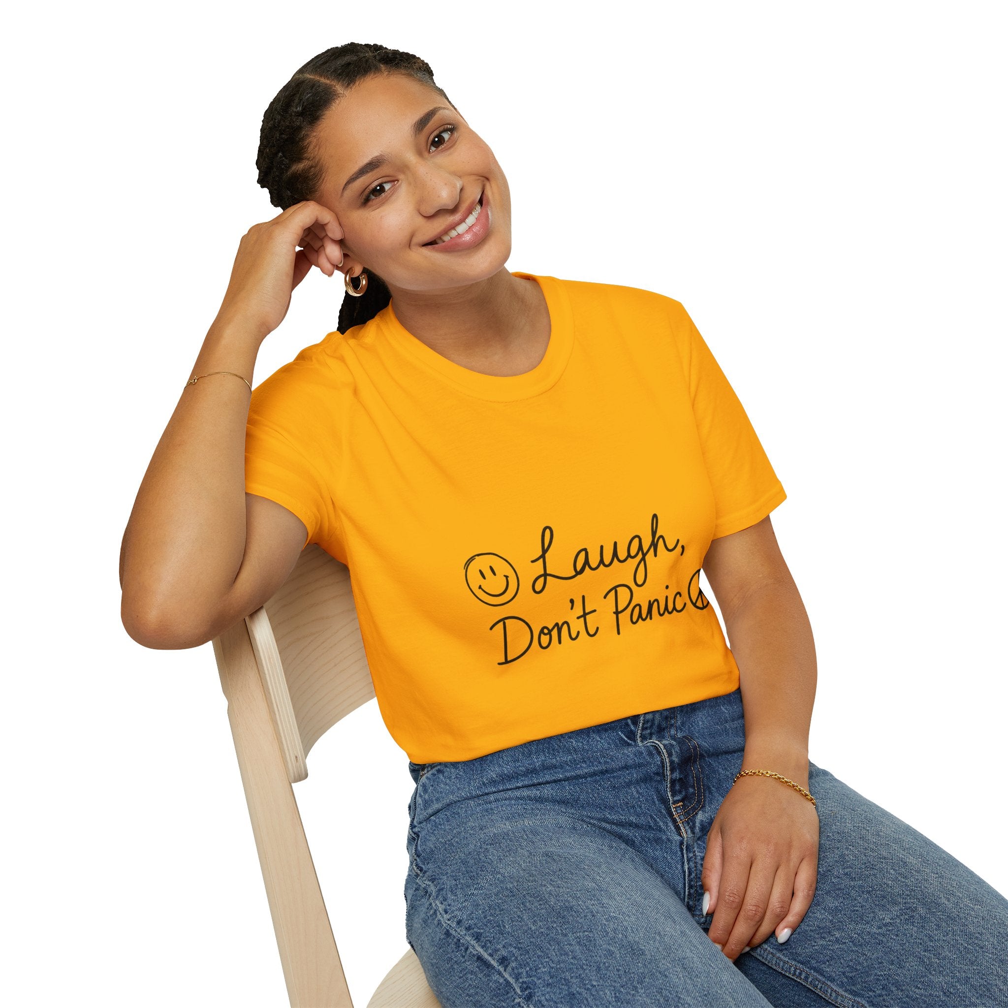 Laugh Don't Panic T-Shirt | Smiley Peace Sign Typography