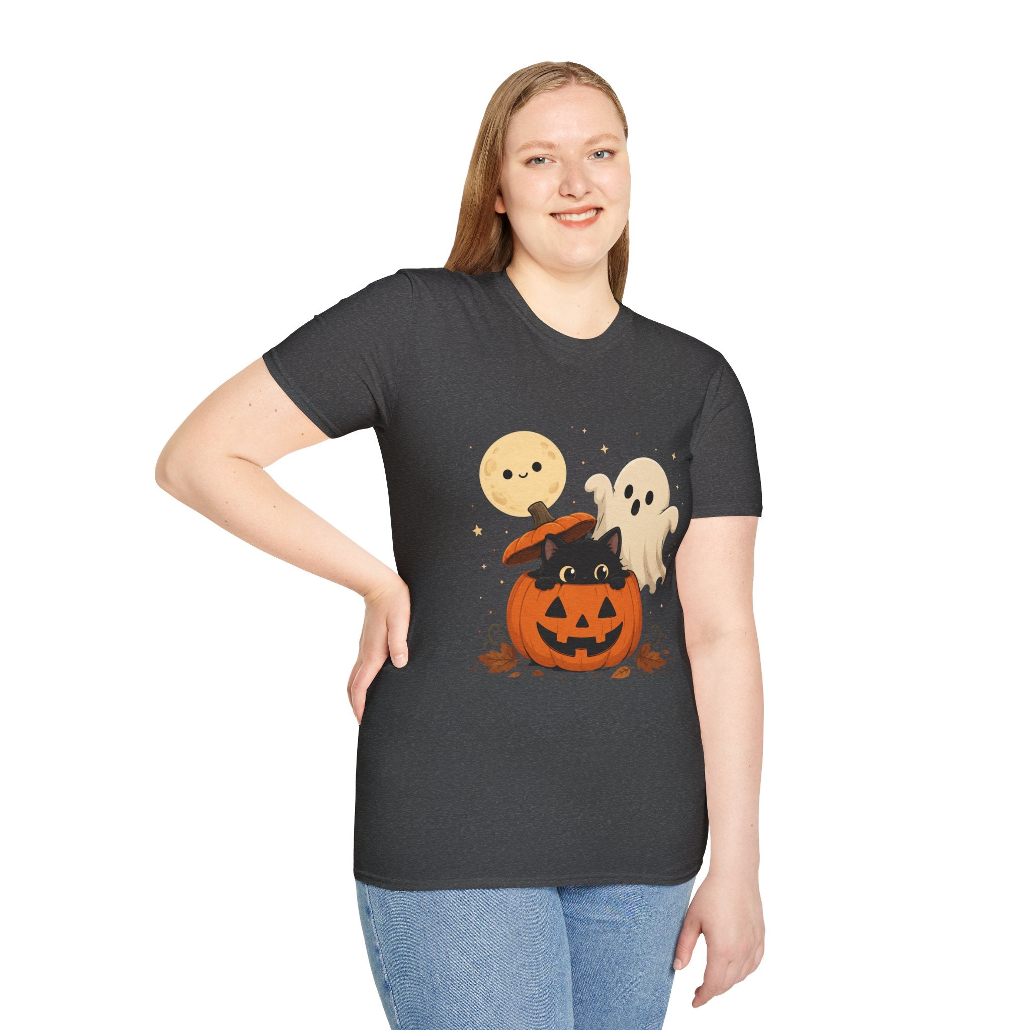 Cute Halloween Pumpkin Tee — Ghost, Moon & Black Cat Graphic T-Shirt
