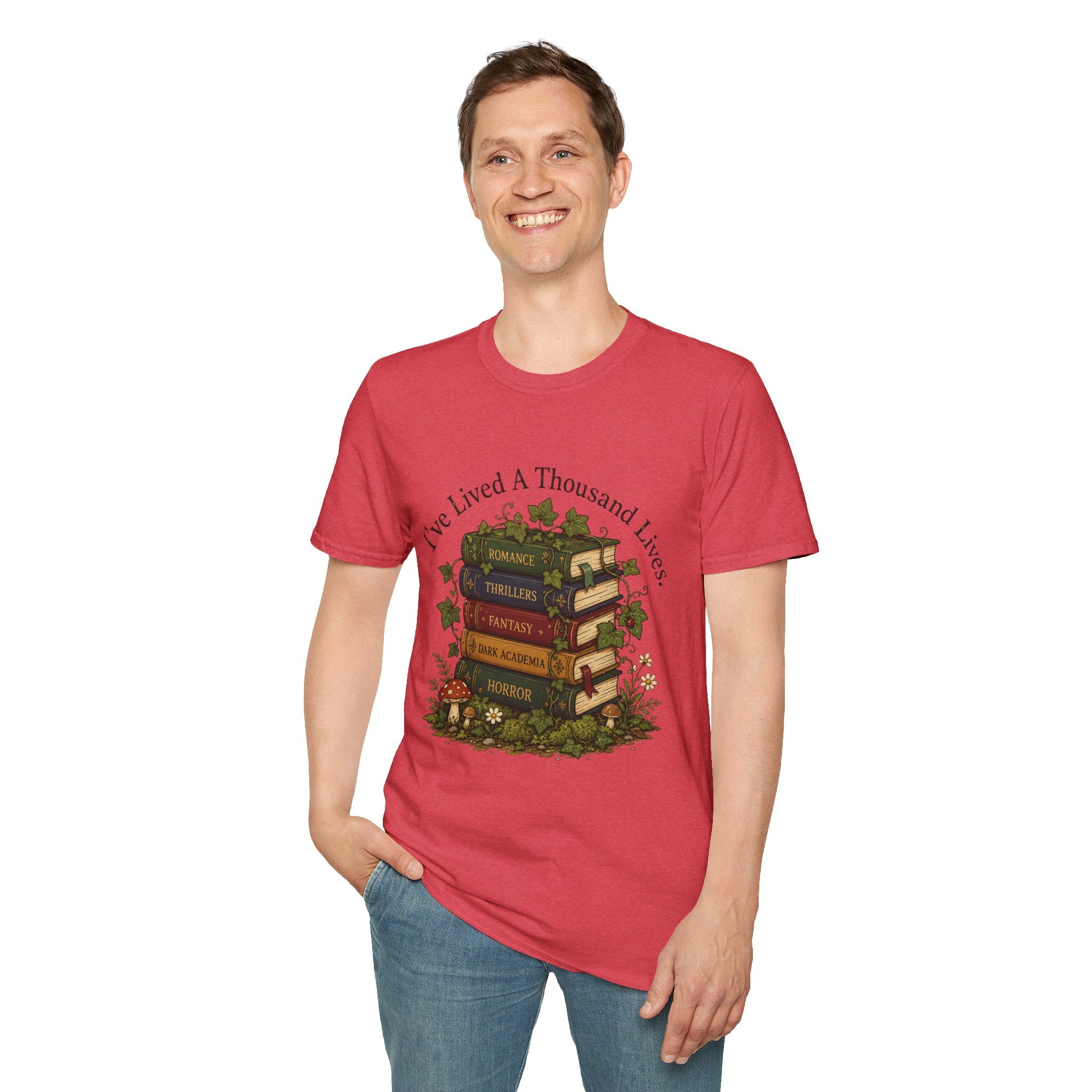 Book Lover T-Shirt — "I've Lived A Thousand Lives" Vintage Stack of Books Design
