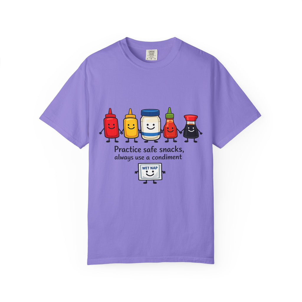 Condom Cartoon T-Shirt — "Practice Safe Snacks" Funny Safe Sex Graphic Tee