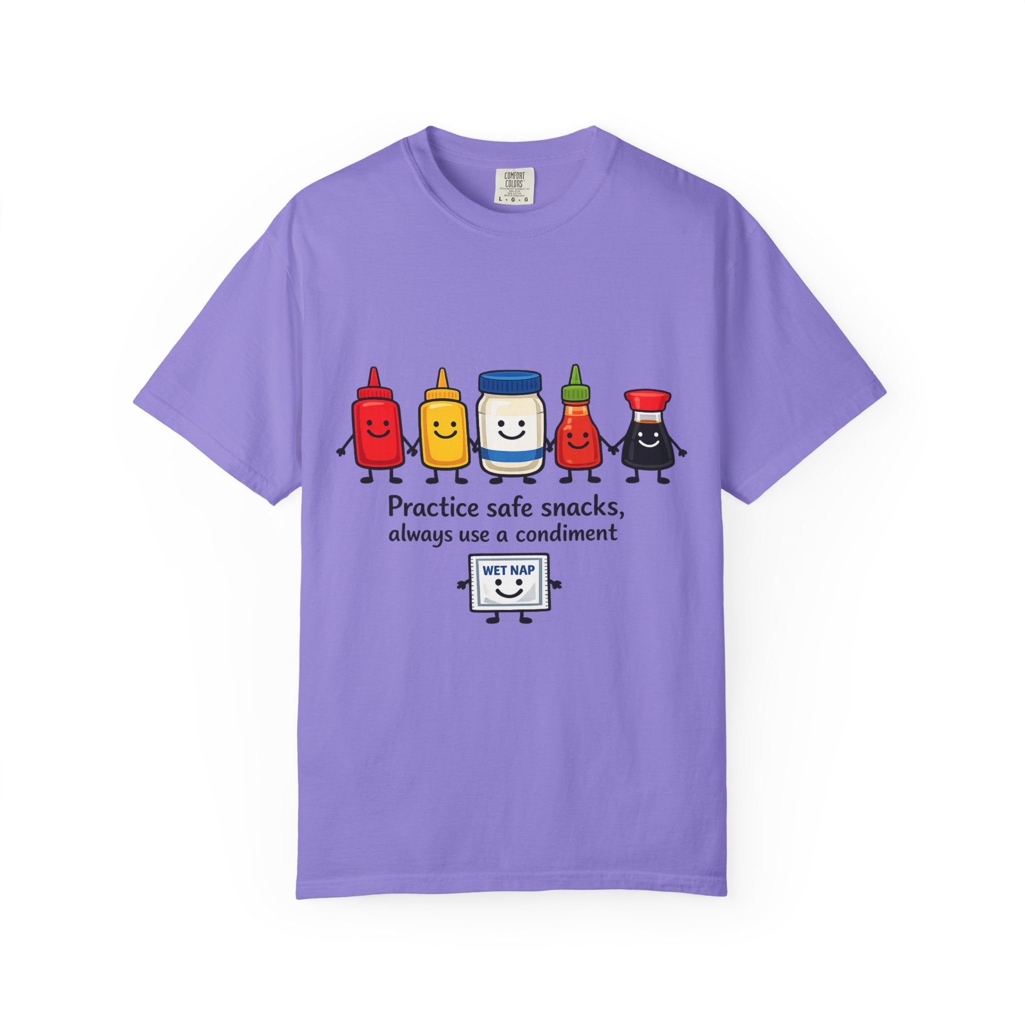 Condom Cartoon T-Shirt — "Practice Safe Snacks" Funny Safe Sex Graphic Tee