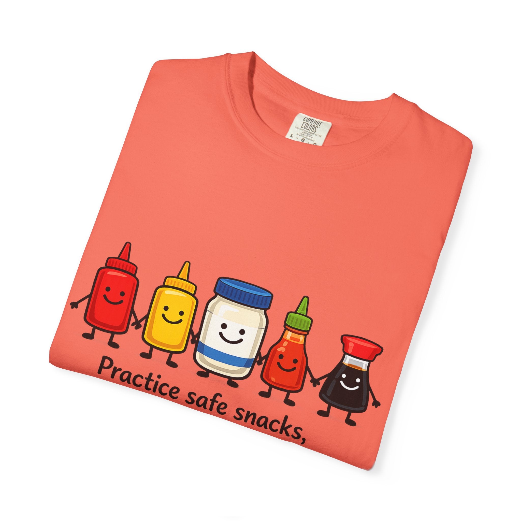 Condom Cartoon T-Shirt — "Practice Safe Snacks" Funny Safe Sex Graphic Tee