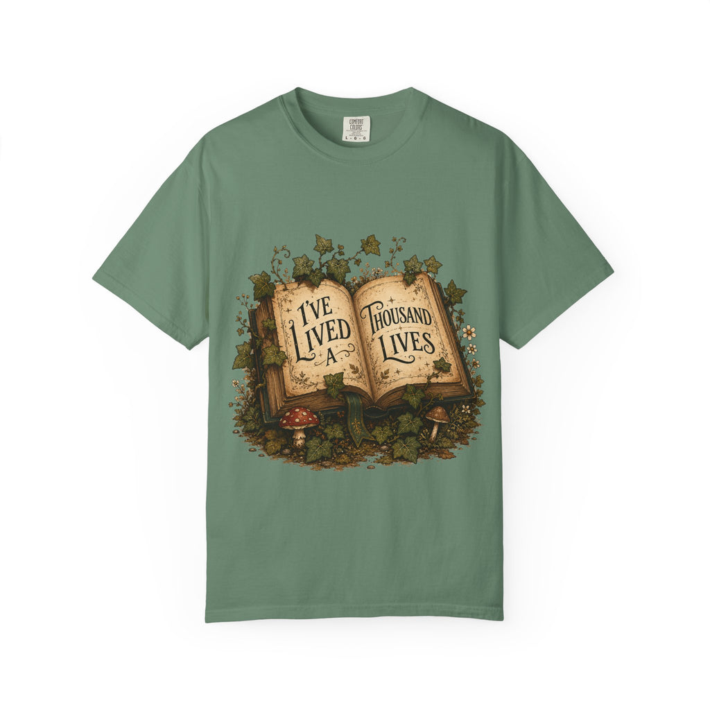 Book Lover T-Shirt — "I've Lived A Thousand Lives" Vintage Open Book Design