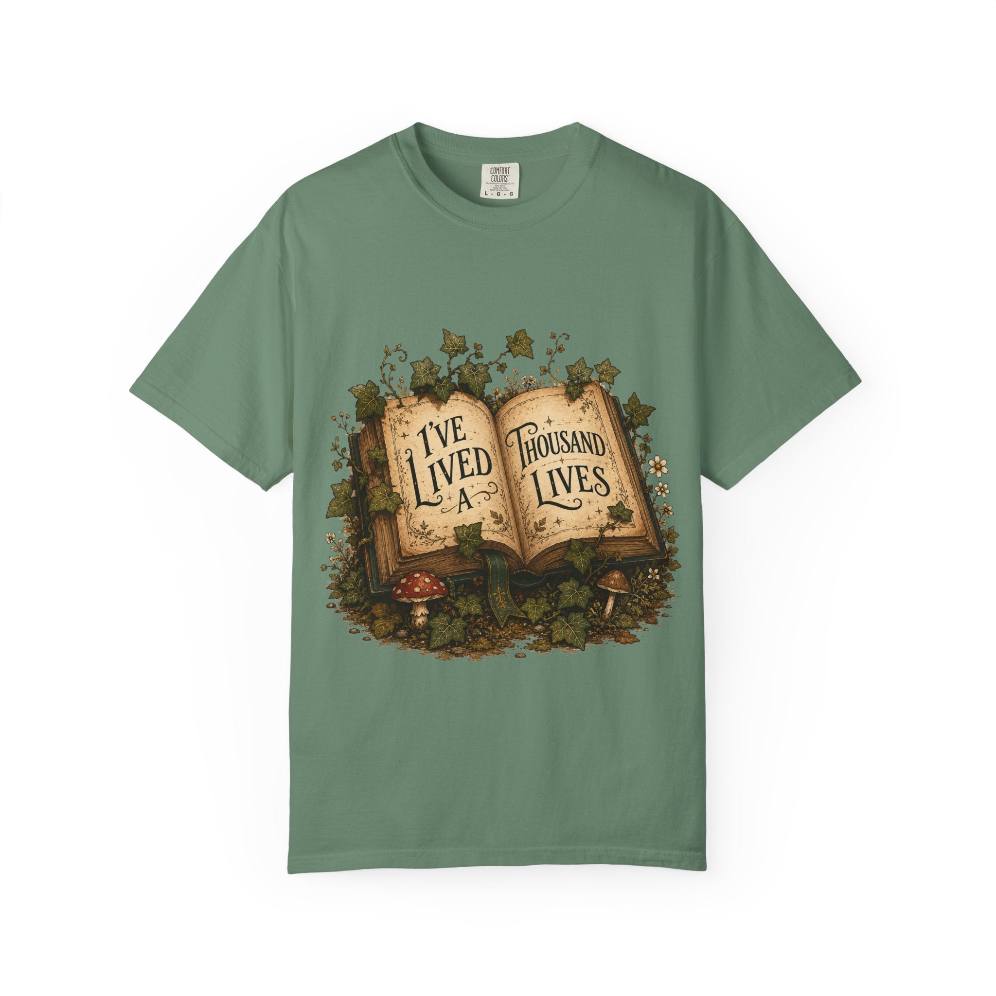 Book Lover T-Shirt — "I've Lived A Thousand Lives" Vintage Open Book Design