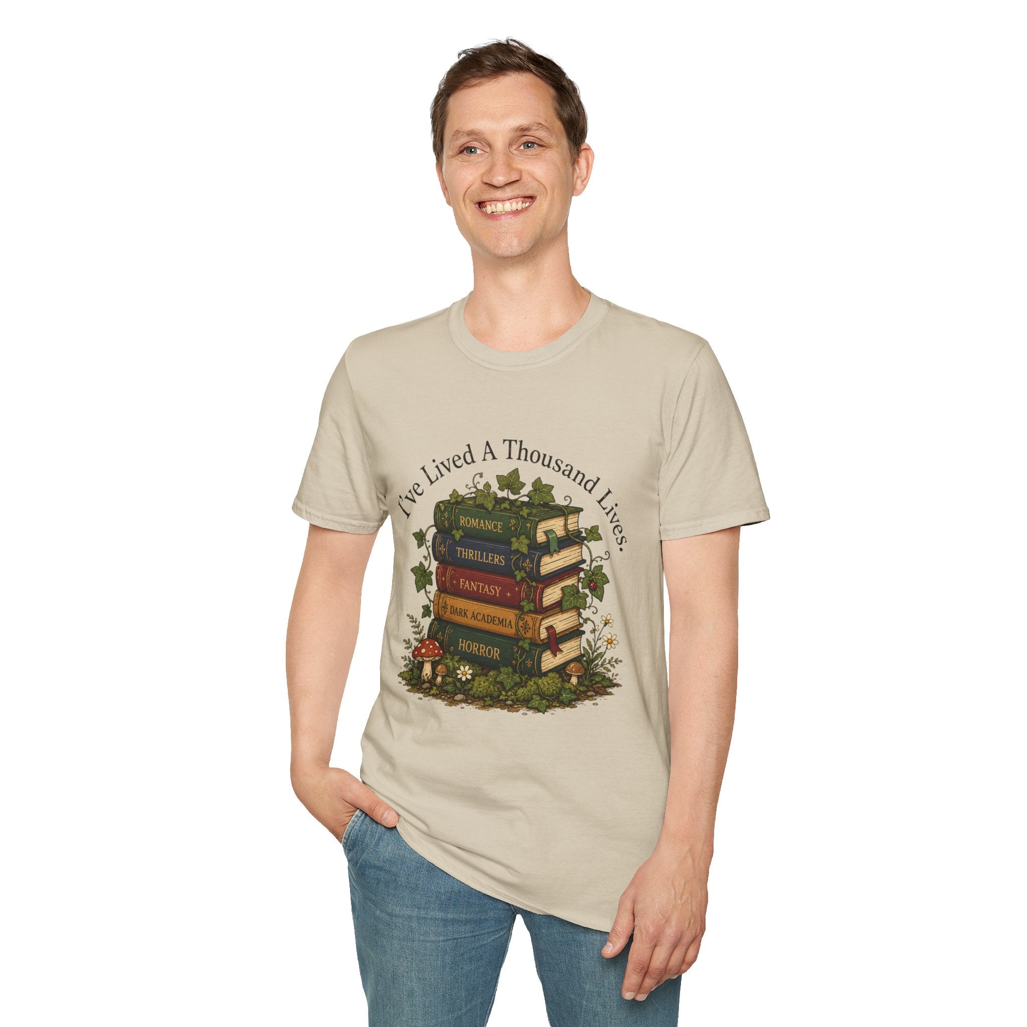 Book Lover T-Shirt — "I've Lived A Thousand Lives" Vintage Stack of Books Design
